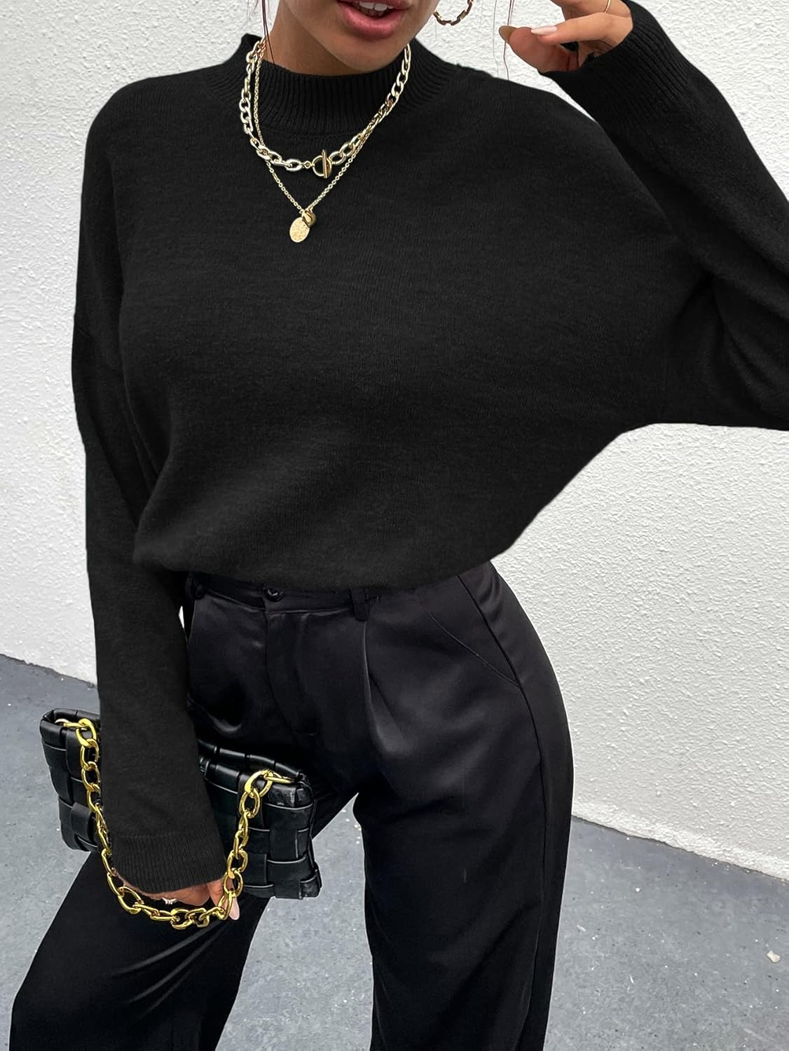 Women's Sweater Mock Neck Drop Shoulder Sweater Sweater for Women (Color : Black, Size : Large)