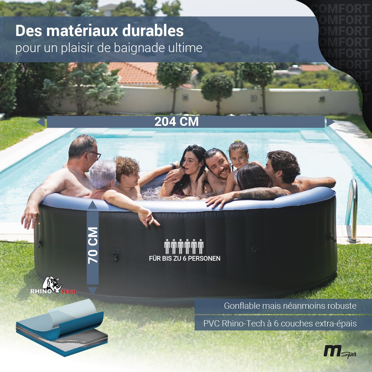 Miweba MSpa Spa Gonflable Extérieur Bergen C-BE061 | Rond ⌀ 204,0 cm - Spa Gonflable 6 Personnes - Nettoyage UV-C - Jusqu'à 1429 L - 40°C - Télécommande - 138 Jets (6 Personnes)