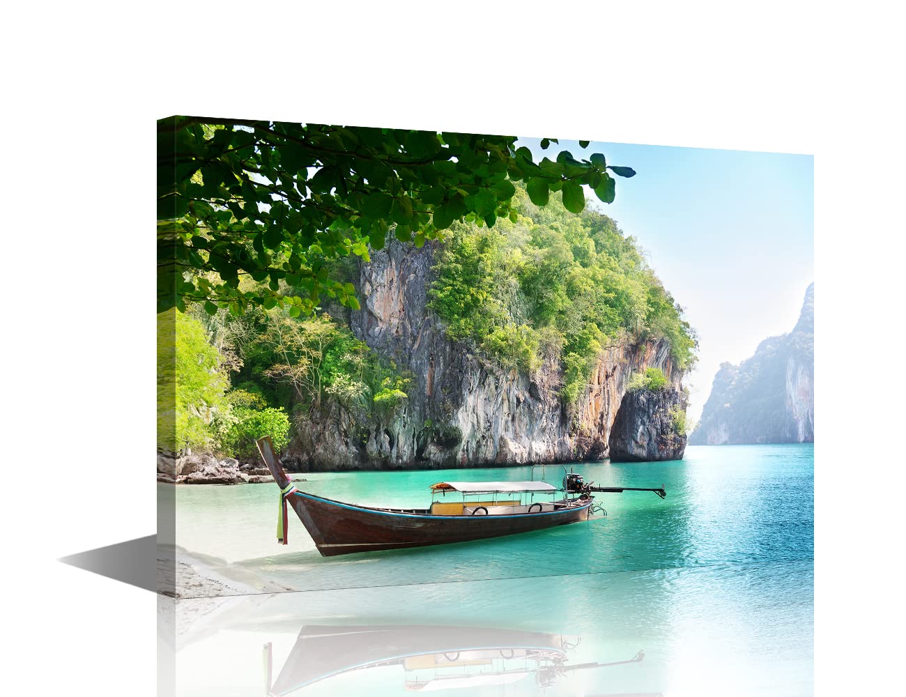 Canvas Wall Art for Interior Bathroom Wall Décor Long Boat on Island in Thailand Scenery for Living Room Bedroom Dining Room Decorations Framed Ready to Hang 8x12inch