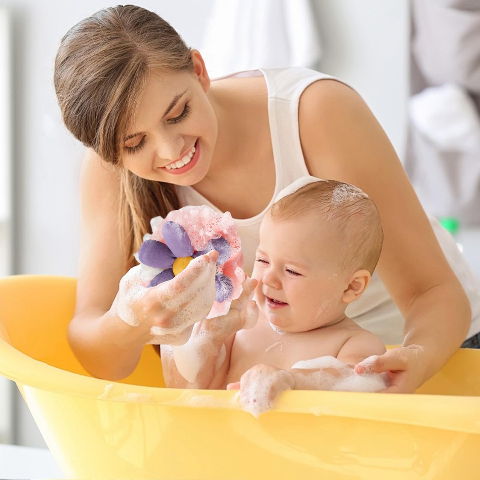 2 esponjas de baño de flores bonitas de malla de lufa, esponja exfoliante para mujer, esponja de ducha suave para piel sensible en accesorios de baño de belleza