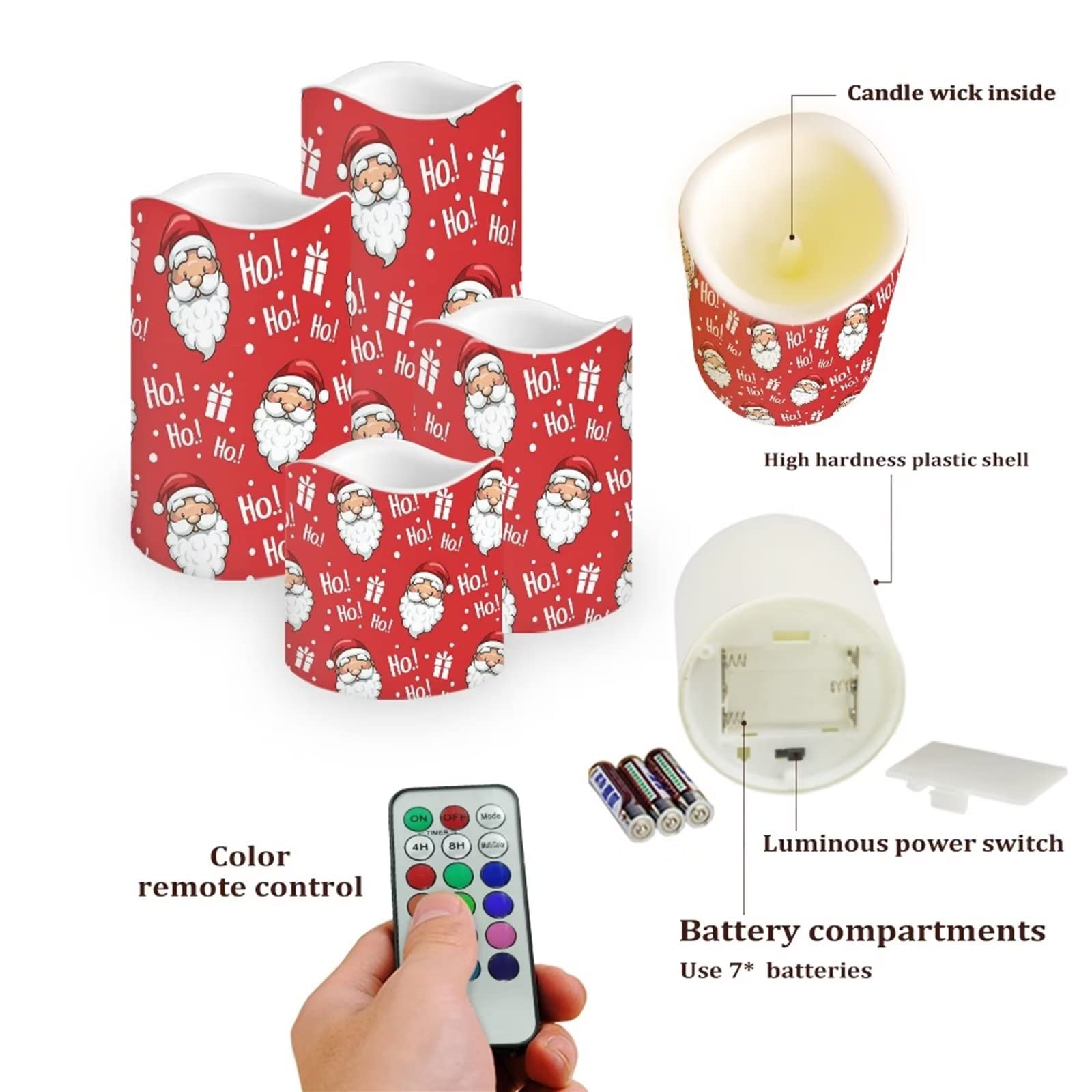 DISNIMO Velas LED parpadeantes sin llama de Papá Noel, funciona con pilas, juego de 4 velas de pilar de cera real (D: 3 pulgadas x alto: 2.9 pulgadas, 3.9 pulgadas, 4.9 pulgadas, 5.7 pulgadas) velas