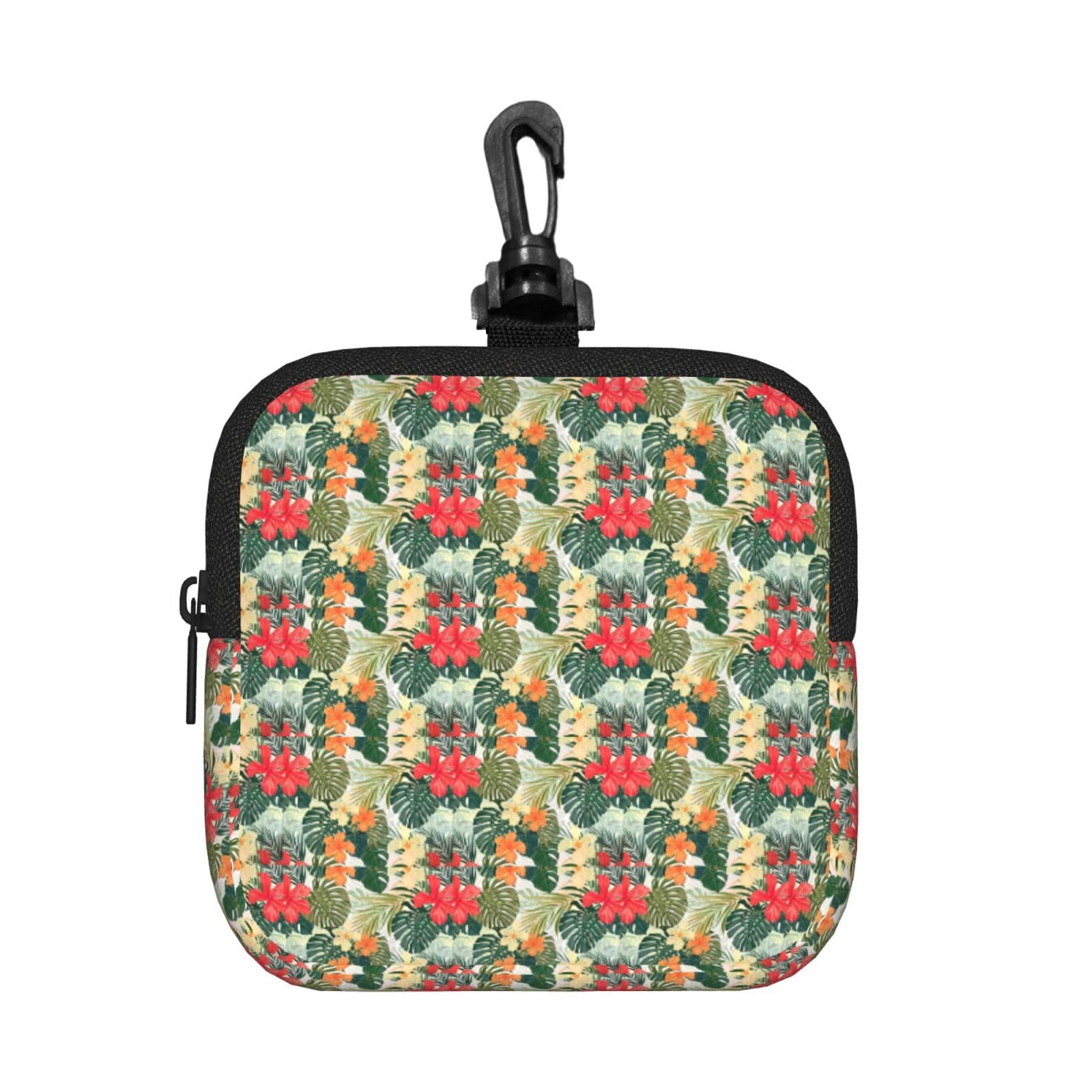 Ercgad Unisex Black Vegetation Leaves With Hibiscus Flowers Print Square Storage Bag Travel Toiletry Cosmetic Organizer Pouch Lightweight Reusable