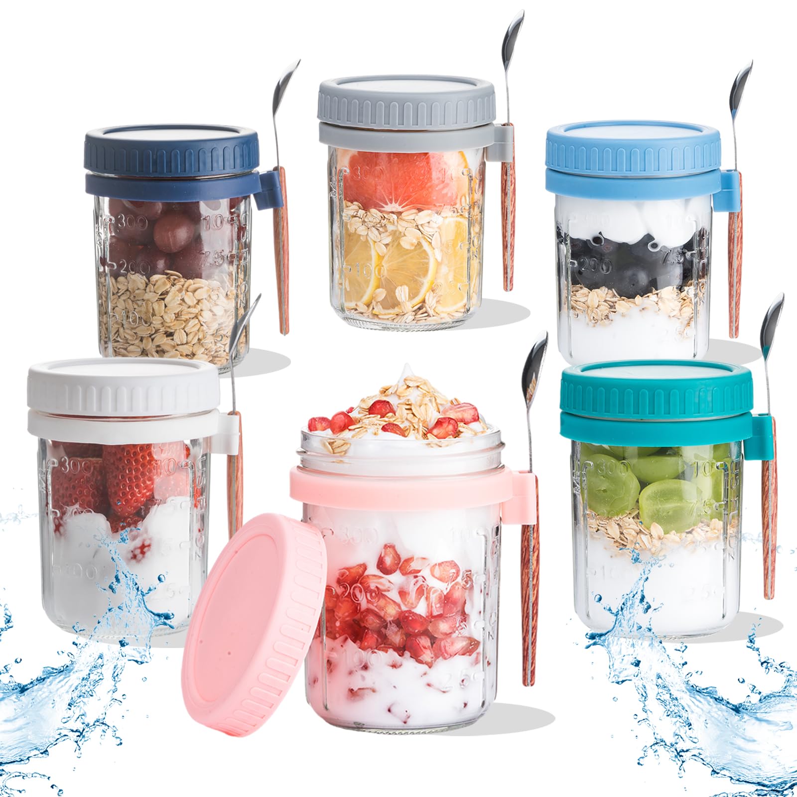 Ipukr Overnight Oats Containers with Lids & Spoons, 16 oz Reusable On-the-Go Cereal and Yogurt Cups, Mason Jars for Breakfast, Meal Prep & Travel, 6 Pack
