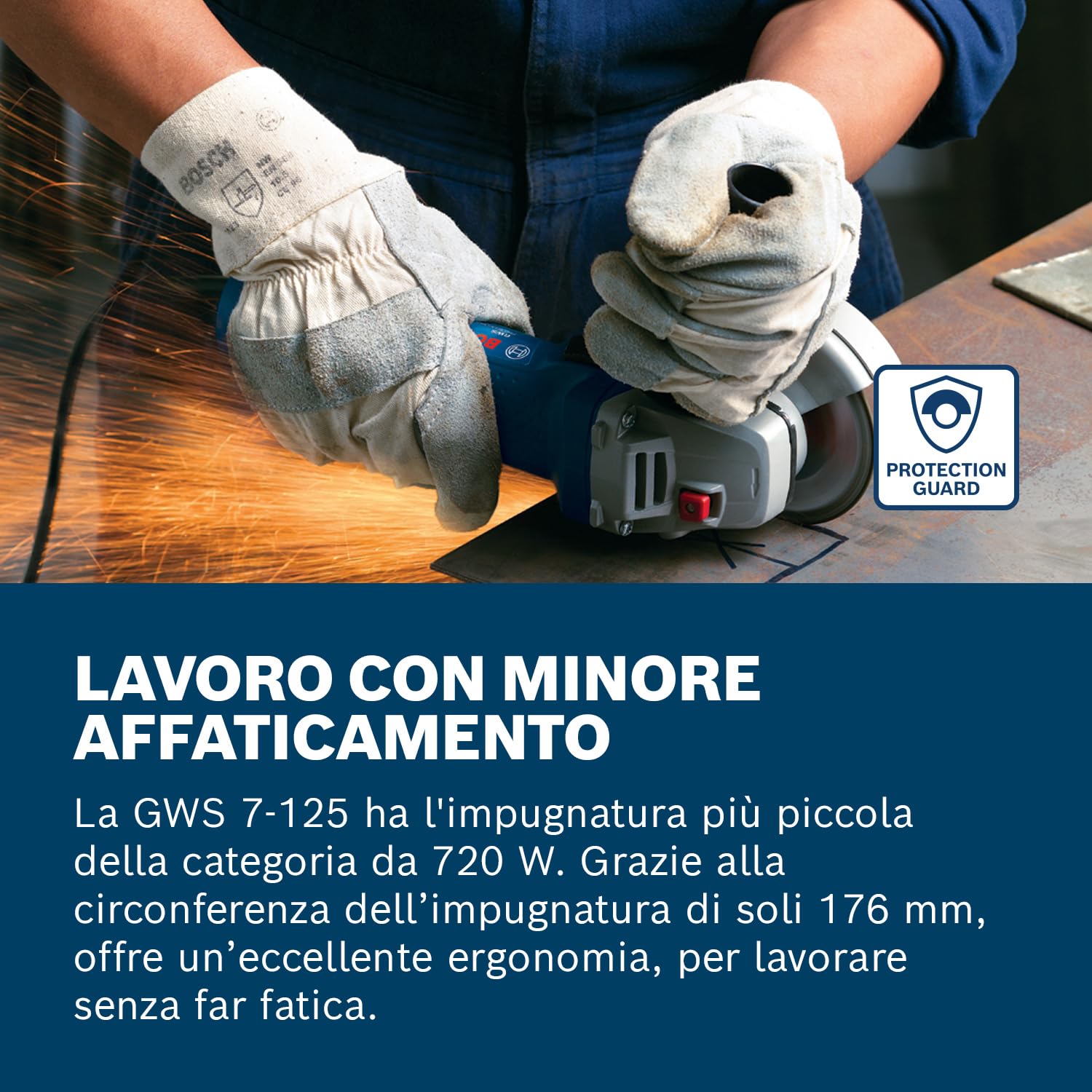 Bosch Professional Smerigliatrice Angolare GWS 7-125, Ø Disco: 125 mm, Impugnatura aggiuntiva, Flangia di Montaggio, Dado di serraggio, Confezione in Cartone, 720 W, 230 V, Blu