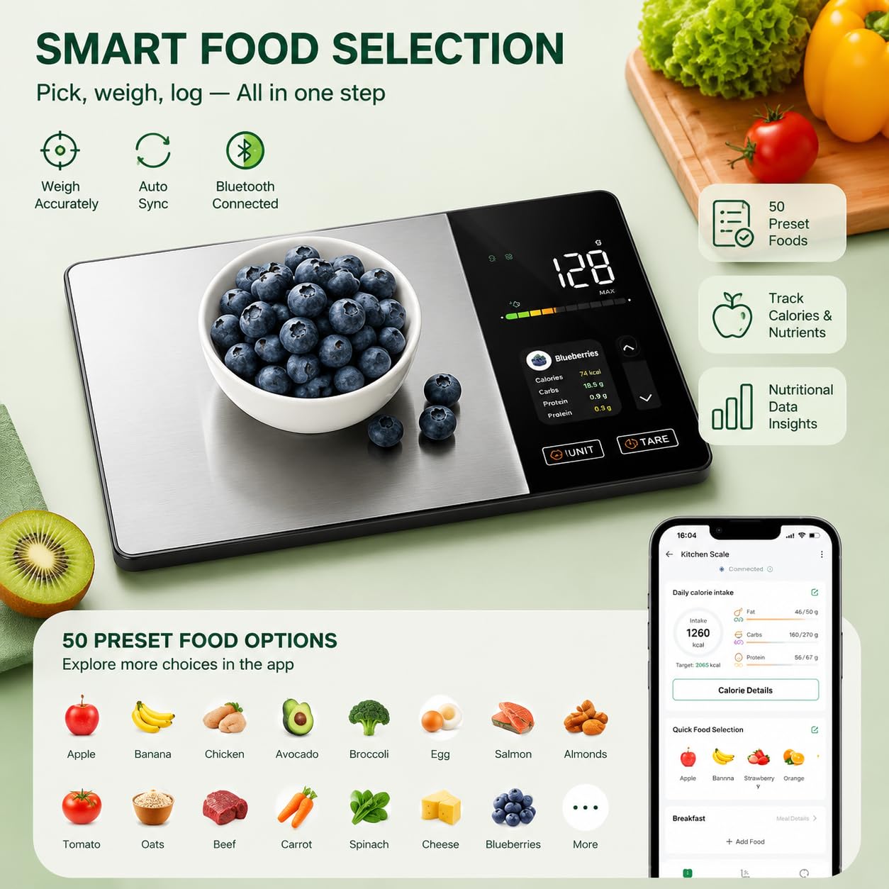 Bilancia da cucina digitale con contatore di calorie e calcolo dei valori