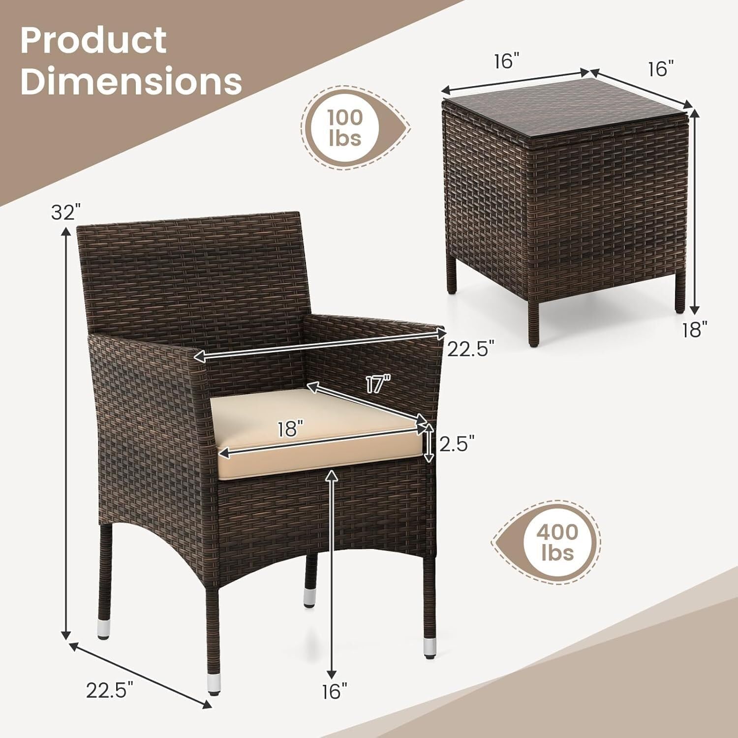 3-Piece Outdoor Wicker Bistro Set - Ergonomic Patio Chairs with 400lbs Capacity & Tempered Glass Side Table(Grey)