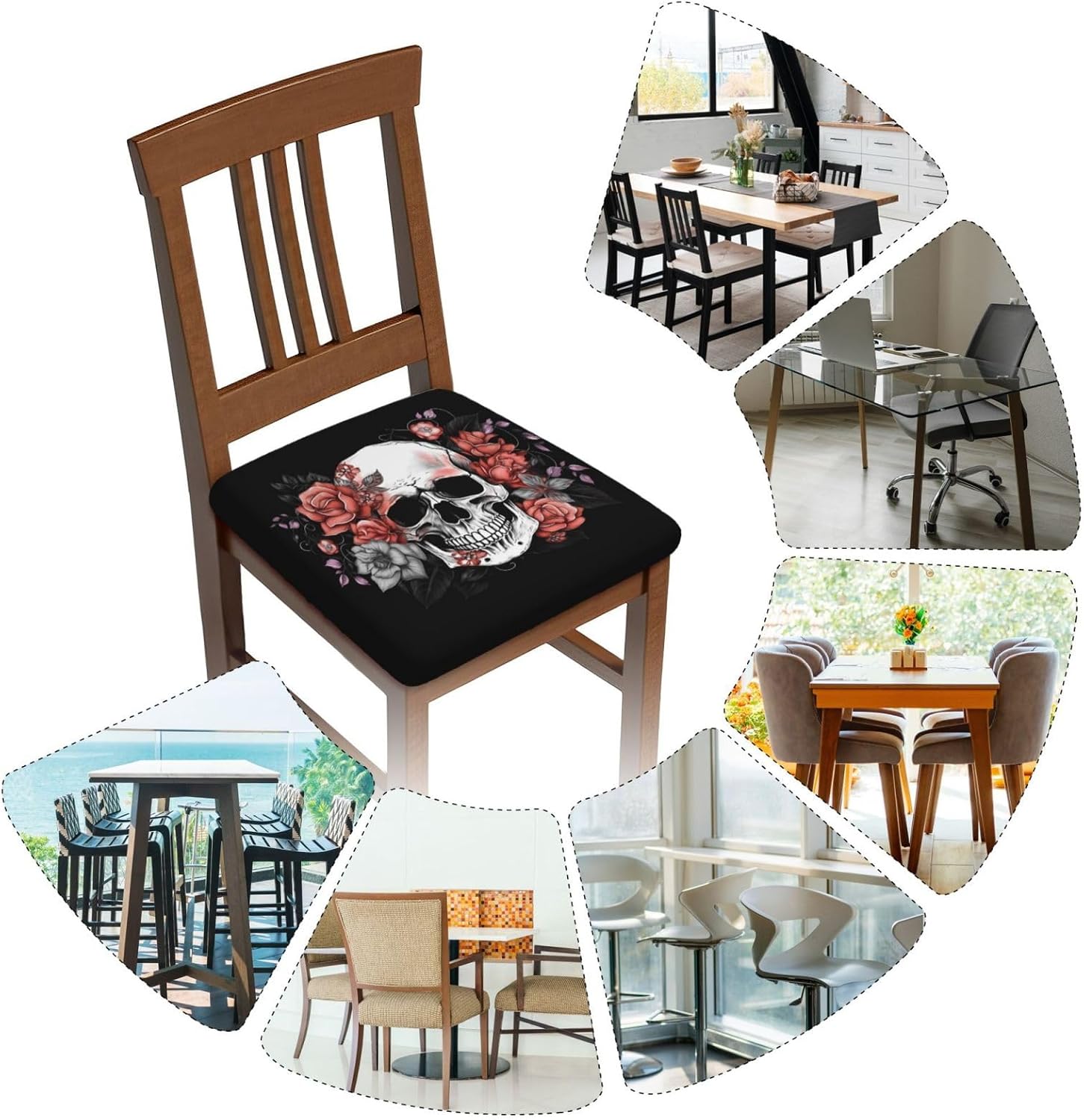 6 Pcs Removable Chair Seat Covers for Dining Room, Hippie Skull Stretchable Office Kitchen Chair Slipcovers Cushion Protector Rose Floral Furniture Decor, 16.9x16.9 Inches