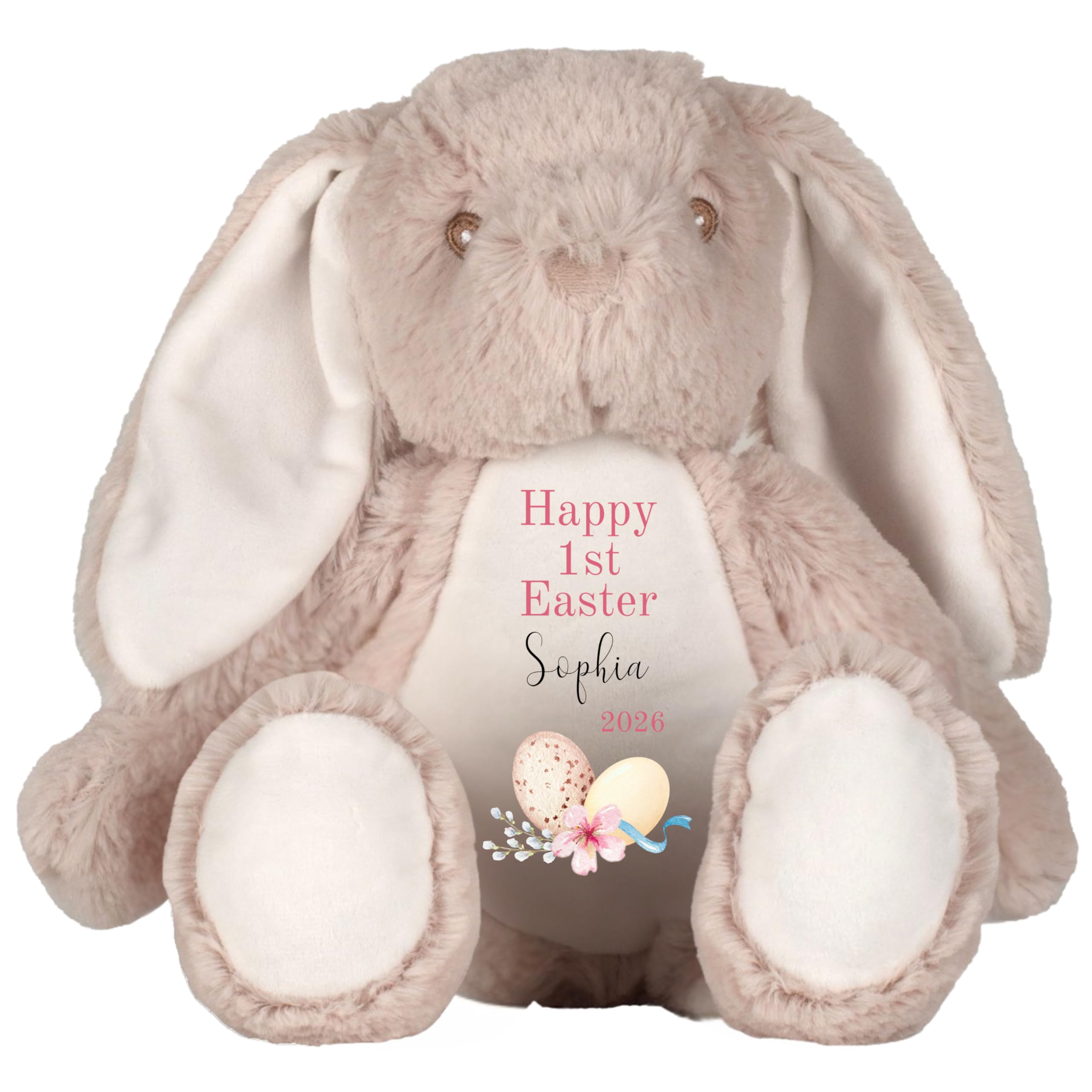 HotScamp Personalised Easter Bunny with Name - Happy 1st Easter Egg 2026 Pink - Soft Toy for Baby, Toddler, Child, Kids, Babies Spring Time - Pink Letter Brown Bunny