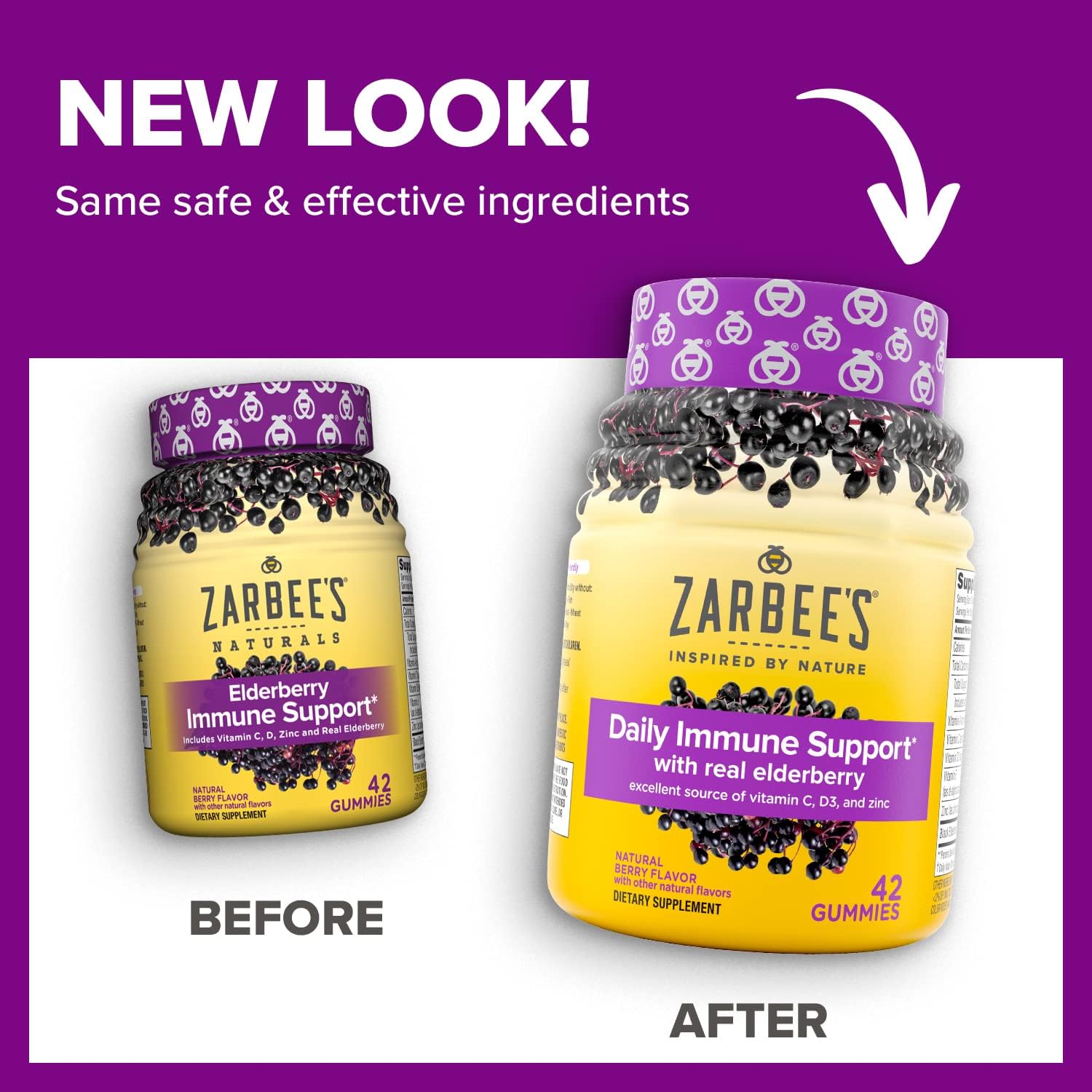 Zarbee's Elderberry Gummy Daily Immune Support Supplement with Vitamins A, C, D, E & Zinc, Black Elderberry Fruit Extract, Natural Berry Flavor