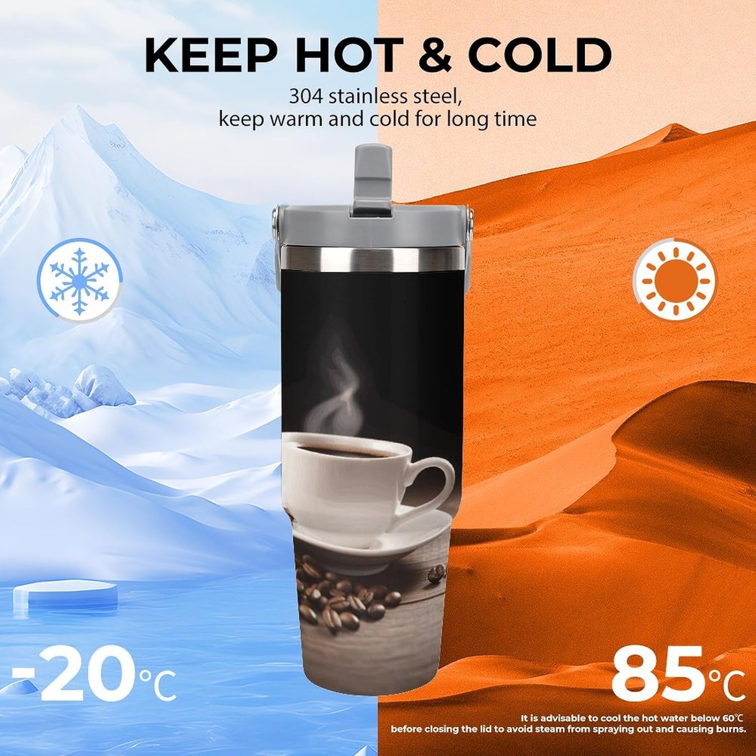 Coffee Cup And Coffee Bean Water Bottle 30 Oz Fits Car Cup Holder,Insulated Coffee Mug Large Capacity Car Cups,Stainless Steel Double Wall Sport Bottle for Travel Sports Gym