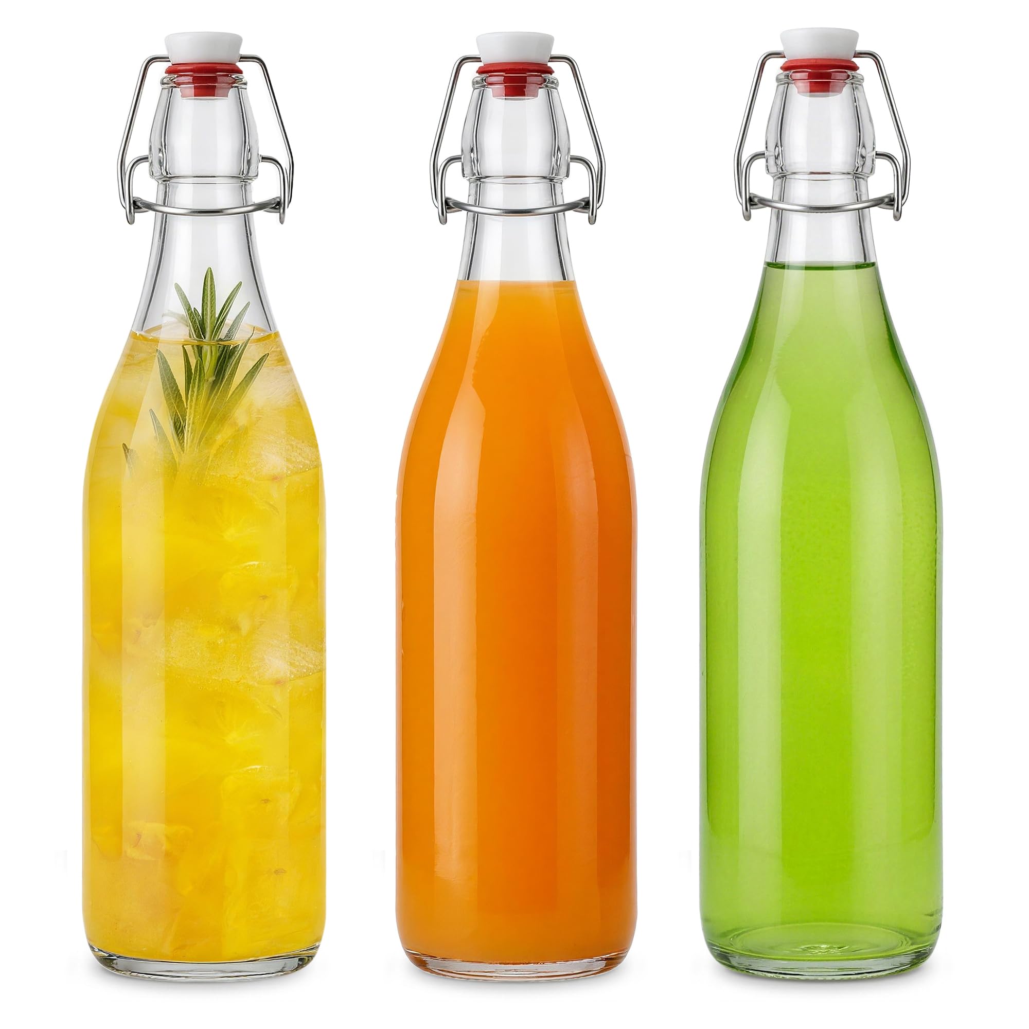 Bayseun 3 Pack Glass Swing Top Bottles 1000ml - Airtight Home Brewing Bottles, Leak Proof Clear Glass Storage with Stainless Steel Cap for Kombucha Beer Oil Vinegar