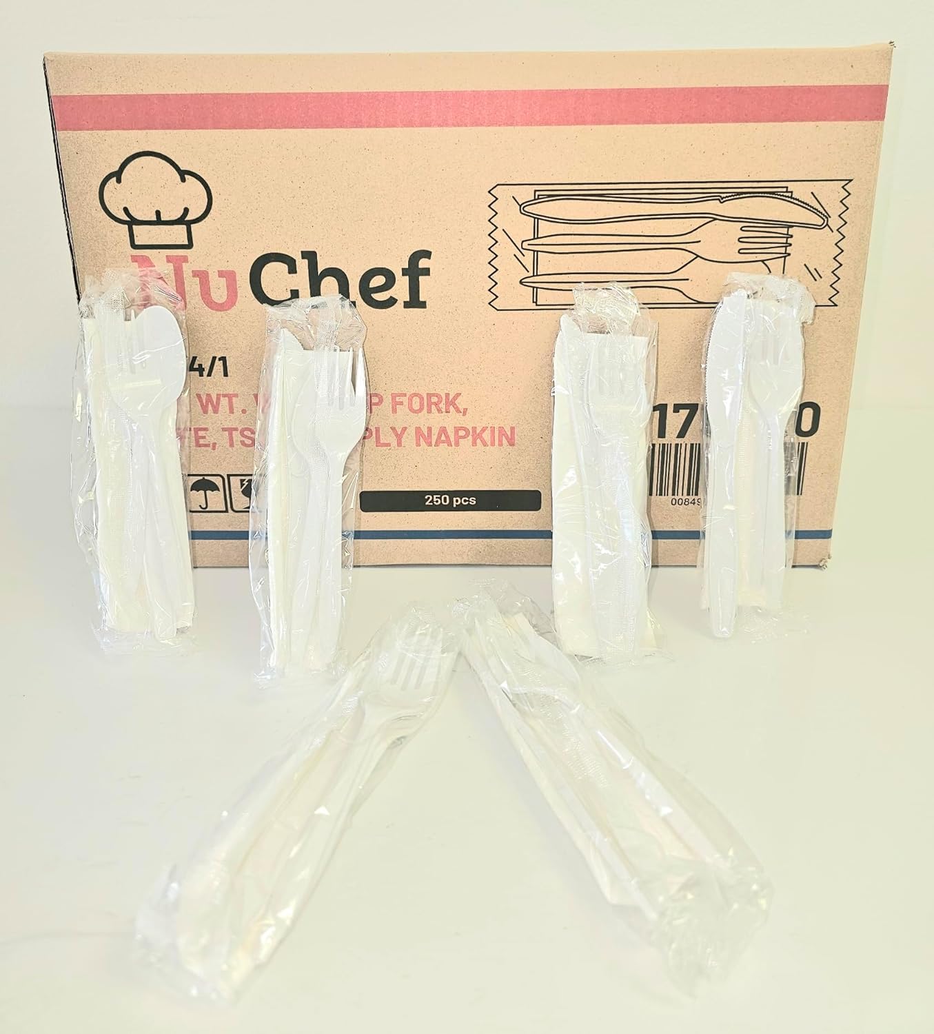 Disposable Utensil Kit, Medium Weight White Fork, Knife, Spoon and Napkin Set, 250 Pieces, 12x13 inch
