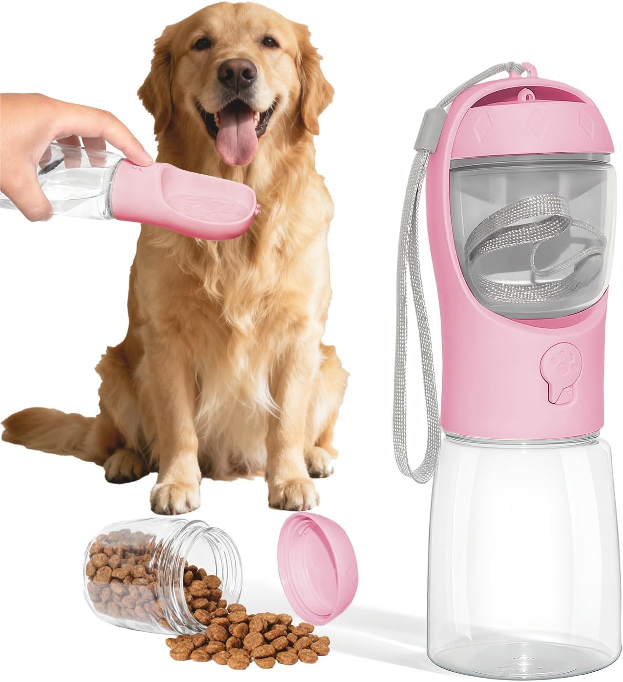 Portable Dog Water Bottle with Food Container, BPA Free Travel Water Bottle for Dogs, 2-in-1 Dispenser Drinking Feeder for Pets Walking, Hiking, Travel, Puppy Essentials, Pink, 12oz