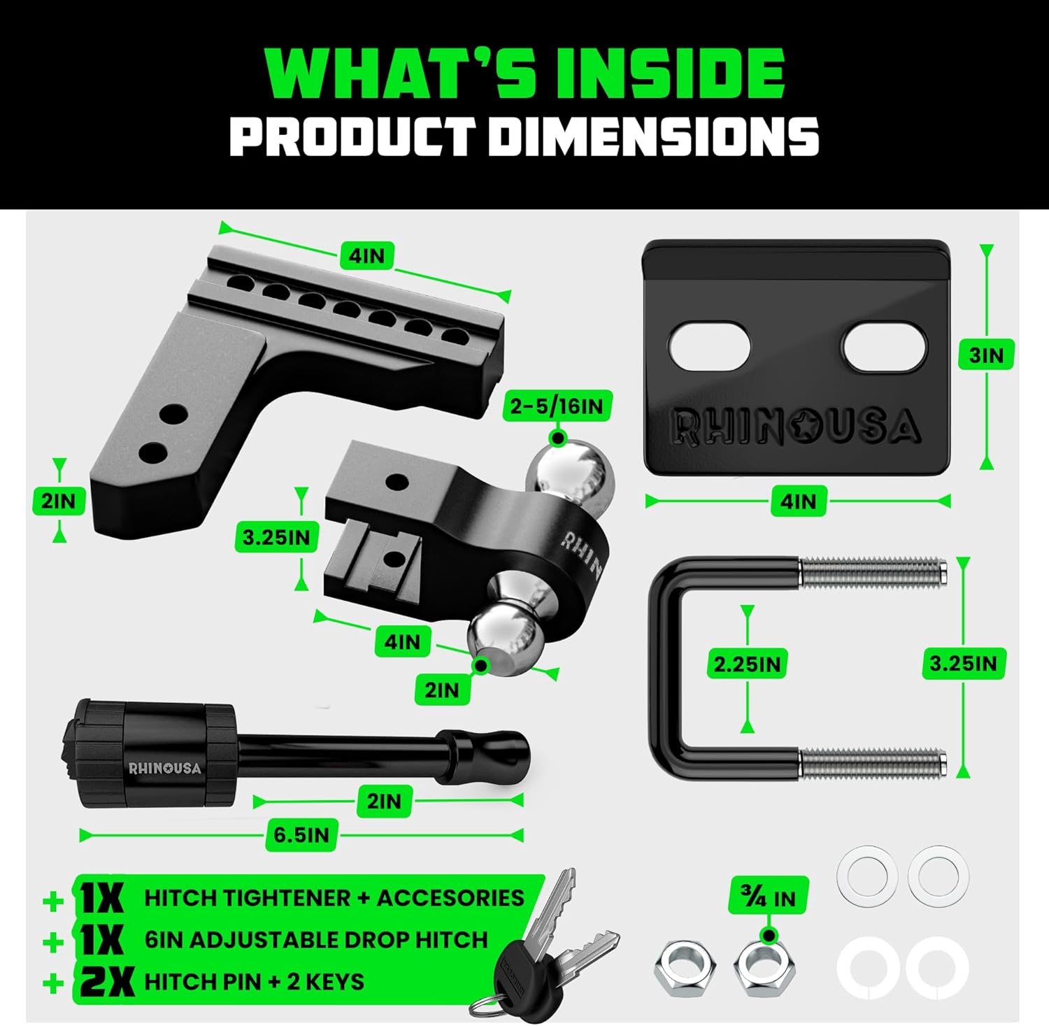 Rhino USA Towing Bundle - 6" Drop/Rise Adjustable Trailer Hitch & Anti-Rattle Clamp, Secure & Quiet Towing Experience, Weatherproof Heavy Duty Steel - Fits 2" Receiver