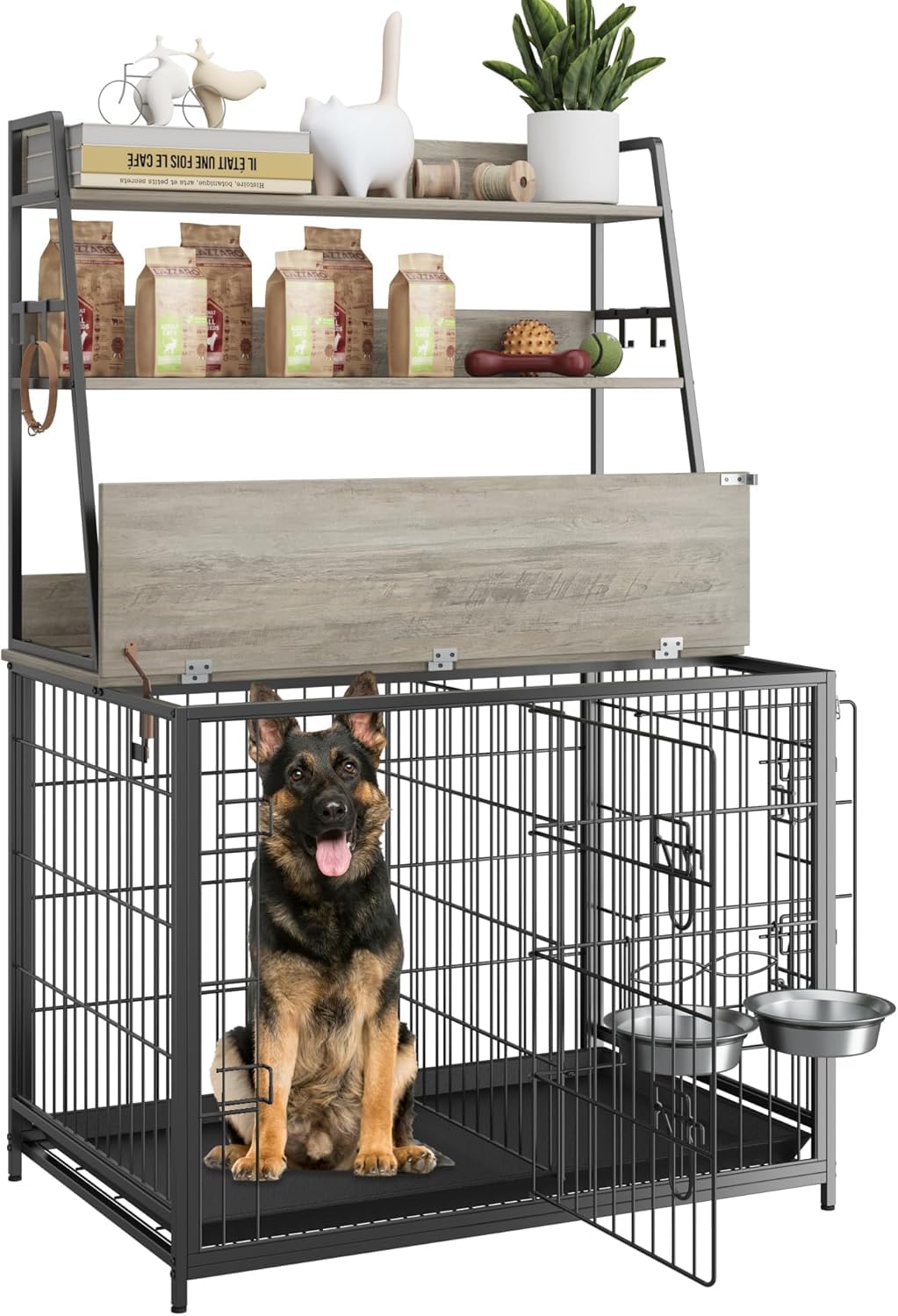 GarveeLife Dog Crate Furniture, 57 Inch Dog Kennel Furniture with Storage Shelves and Removable Tray, Indoor Dog House with 2 Doors and 2 Adjustable Bowls, Gray