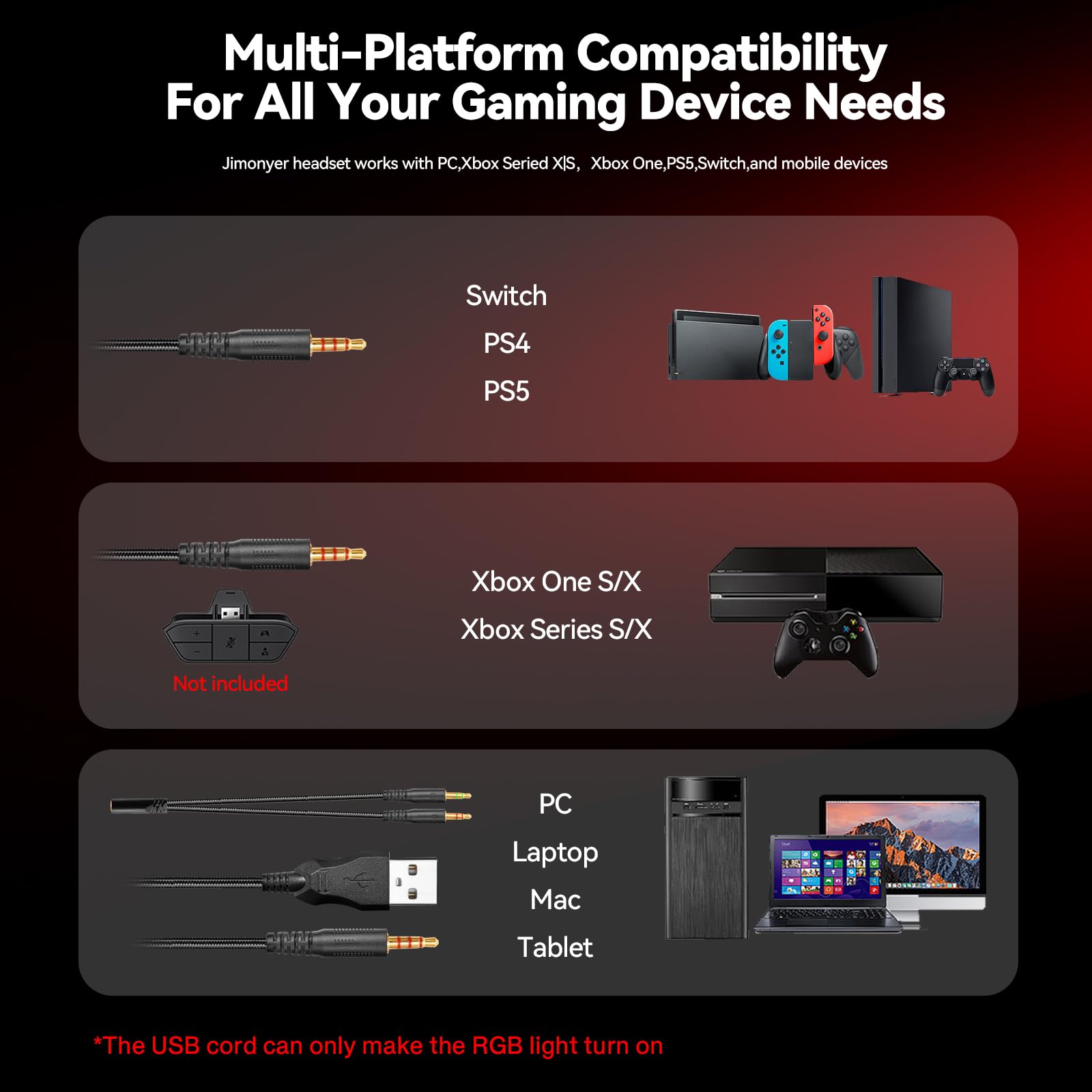 Jimonyer Zestaw słuchawkowy do gier z mikrofonem do PC/PS4/PS5/Xbox/Nintendo Switch, stereo Surround Sound Gaming Headset Xbox One z redukcją szumów, elastyczny mikrofon, światło RGB (czerwony)