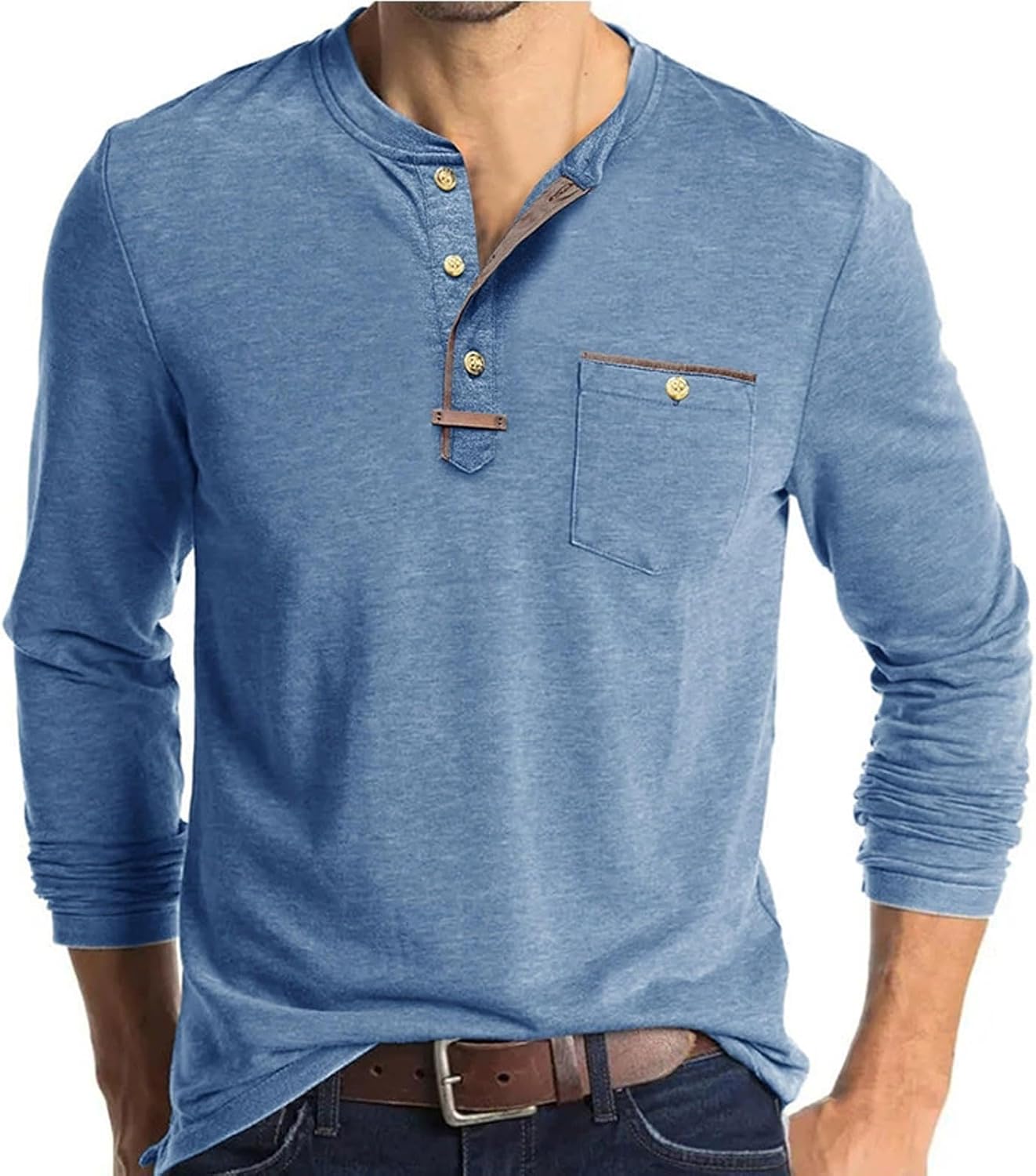 Mens Athletic Henley Shirts Casual Lightweight Long Sleeve Button Pullover with Pocket