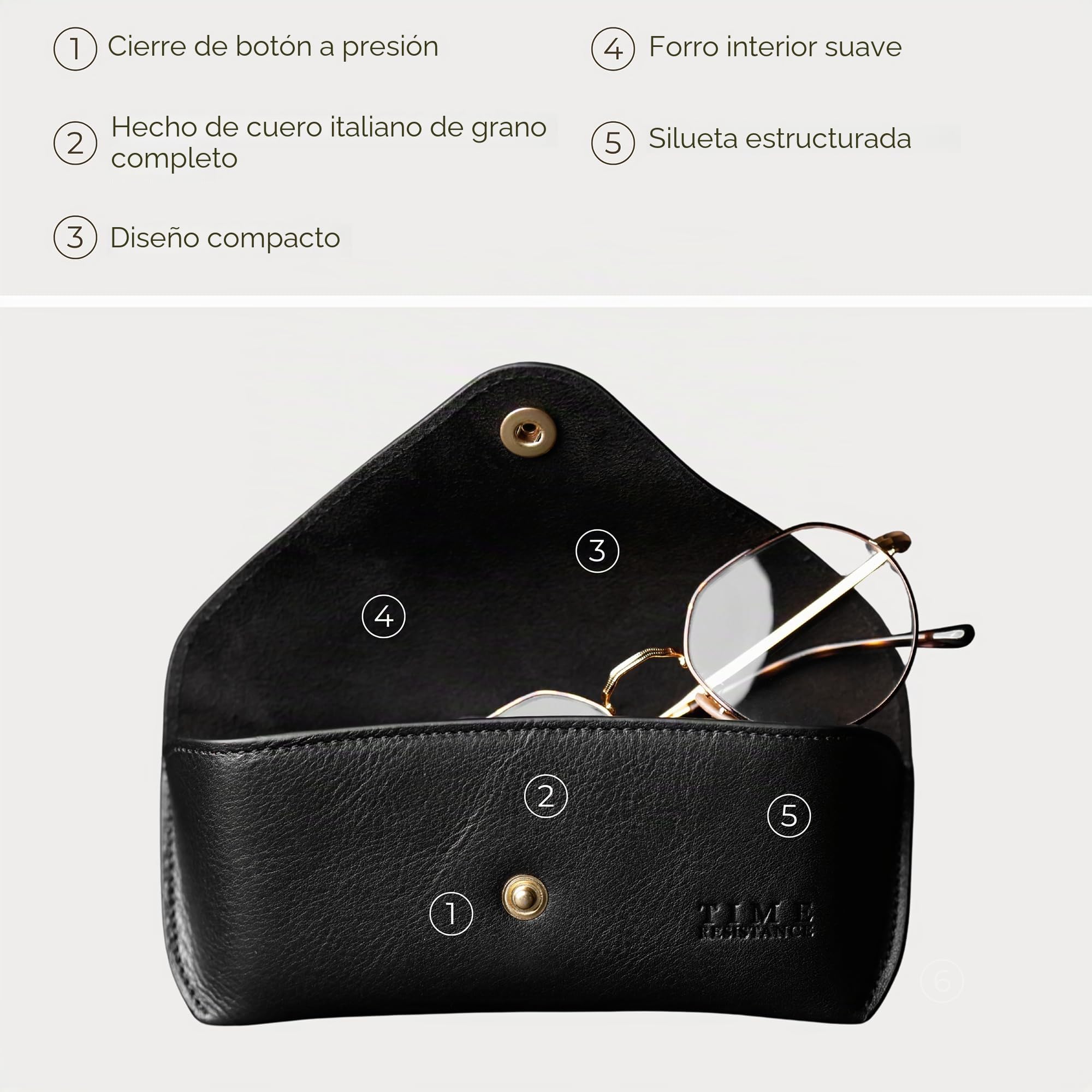 Time Resistance Estuche para Gafas de Cuero – Funda Rígida de Cuero para Gafas – Estuche para Gafas de Sol Hecho a Mano en Italia