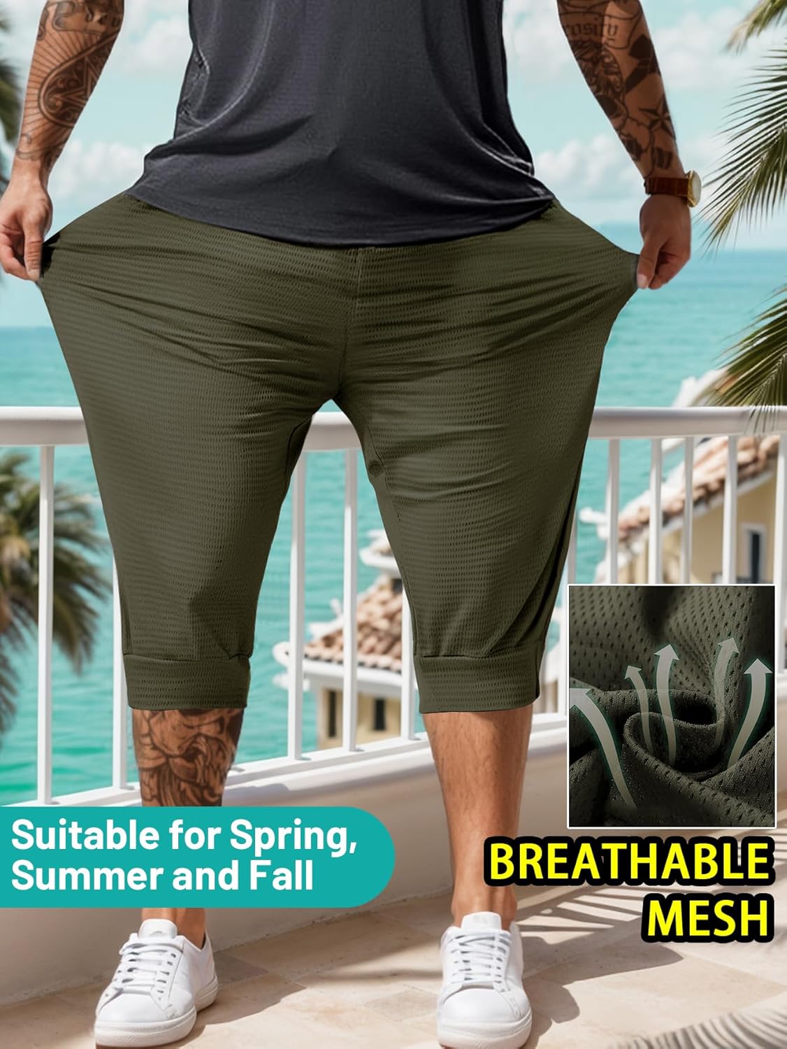 Men's Capri Pants 3/4 Long Jogger Sport Shorts,Workout/Gym/Yoga/Beach Shorts Quick Dry with Zipper Pockets - Image 6