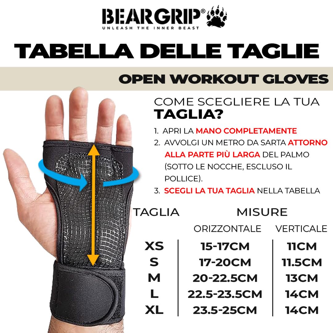 Bear Grip Guanti da allenamento aperti per CrossFit, bodybuilding, sollevamento pesi