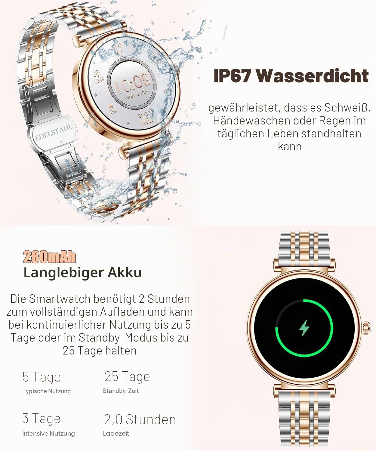 Smartwatch Damen 1,27 Zoll IP67 Wasserdicht Fitness Tracker mit Pulsmesser Schlafüberwachung Schrittzähler