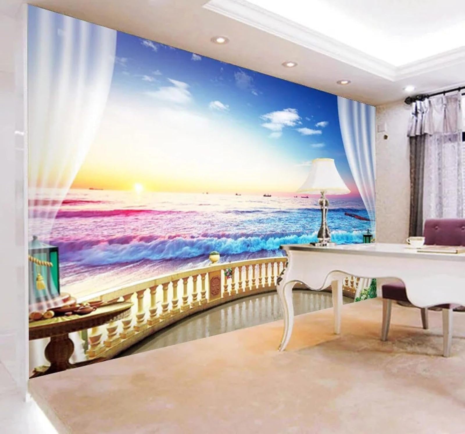 Tzxztt 300Cm×210Cm(B×H) Beautiful Sunrise Balcony Window Sea View Modern 3D Wallpaper Premium Textured Silk Neutral Tones Material Ideal For Living Room Bedroom-300Cm×210Cm