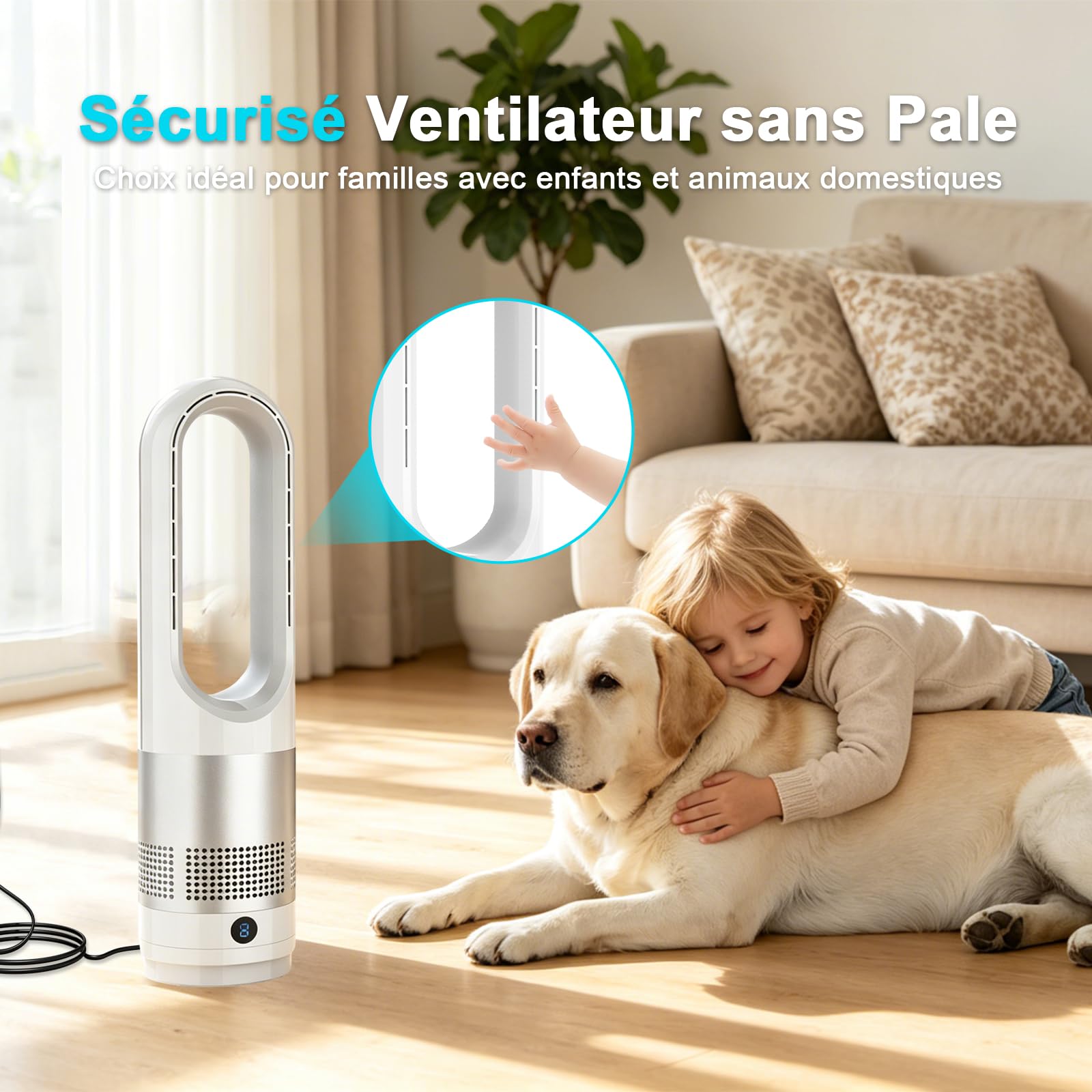 Ventilateur sans Pale Silencieux,Ventilateur Colonne avec Télécommande,Oscillation 80°,Enfants/Animaux,8 Vitesses, Minuterie 8H, Facile à Nettoyer, pour Chambre et Salon