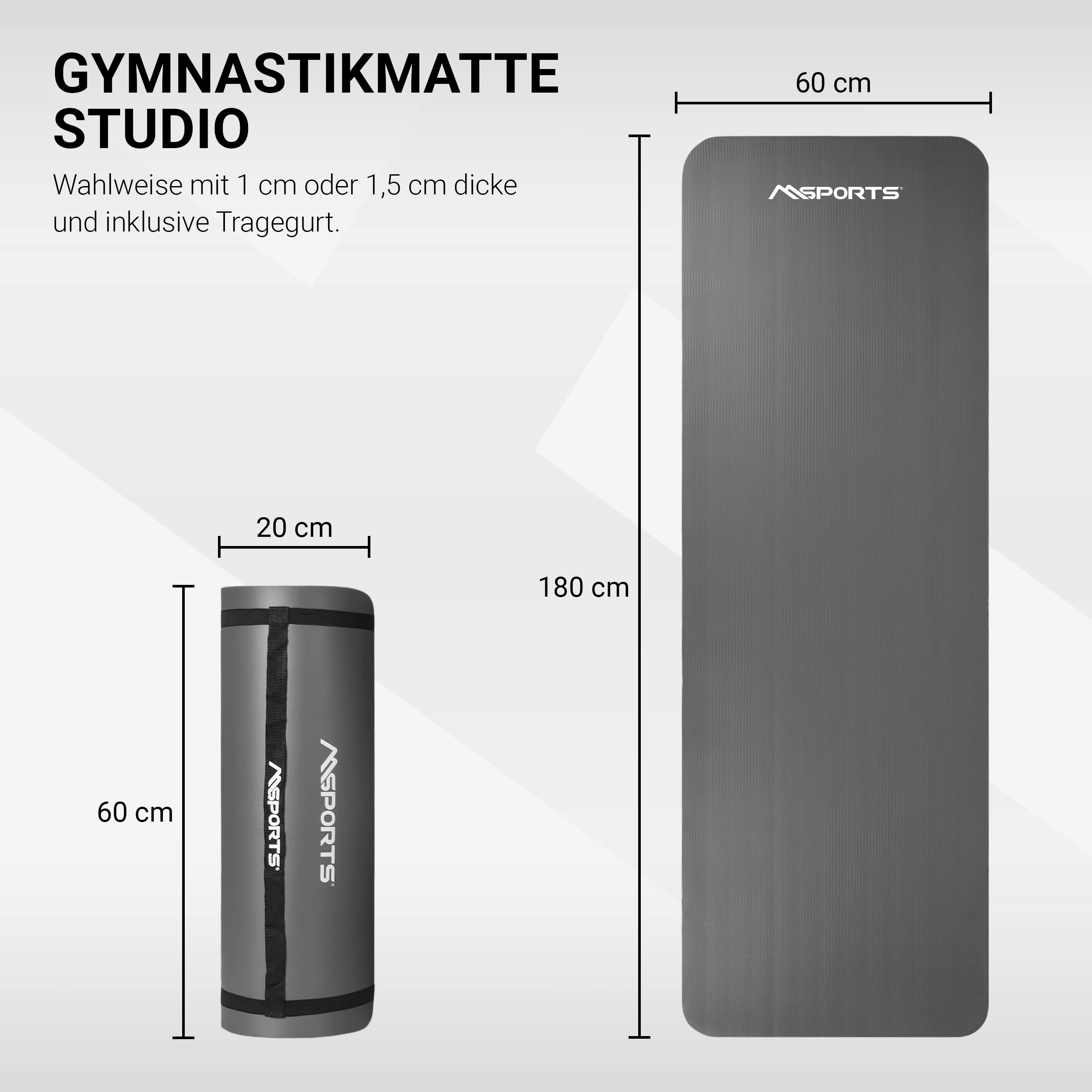 MSPORTS Tappetino da Ginnastica Premium 183 x 61 x 1 cm e 183 x 61 x 1,5 cm in Colori Diversi | Yoga Pilates Fitness Allenamento | con Cinturino | ftalato - Libero