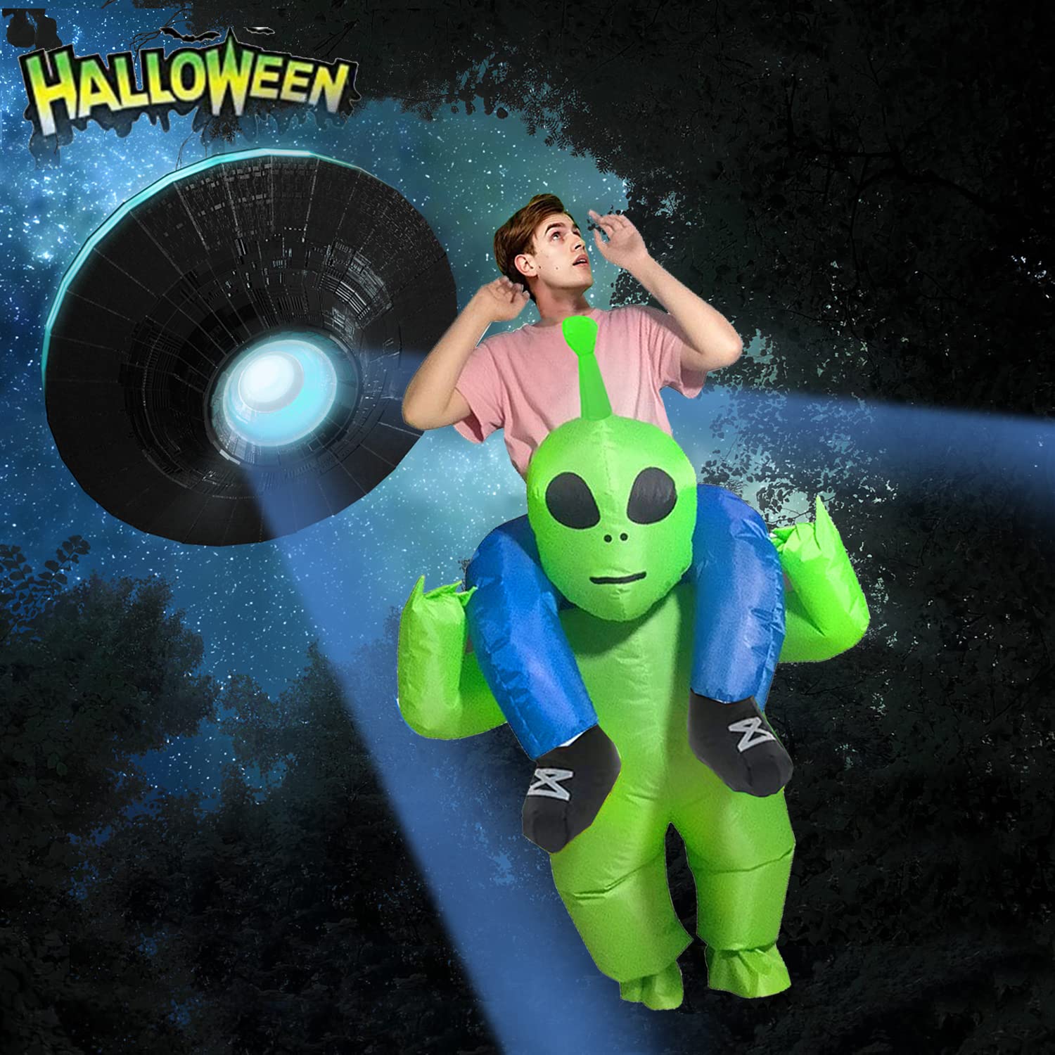 Déguisement extraterrestre vert extraterrestre People pour Adultes Halloween Vert Carry Me Costume Drôle Blow Up Cosplay pour Fête Carnaval 150-190CM