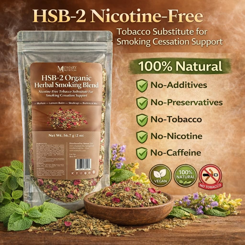 HSB-2 Nicotine-Free Tobacco Substitute for Smoking Cessation Support – Herbal Smoking Blend – Mullein, Skullcap, Calendula, Rose Petals & Catnip – No-Tobacco No-Nicotine No-Caffeine – 2 oz (56.7 g)
