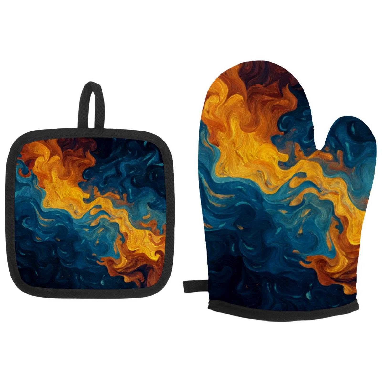 Gants de cuisine et maniques à motif feu eau, cadeau de pendaison de crémaillère