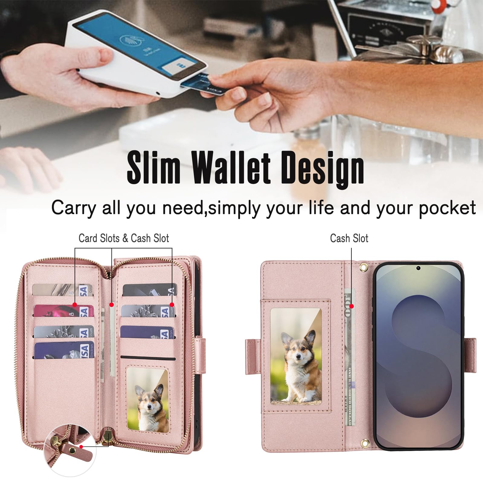 Étui portefeuille compatible avec Samsung Galaxy S24 Ultra 5G - Fermeture éclair - Protection d'écran - Bandoulière à rabat - Porte-cartes - S24Ultra 24S S 24 24Ultra - Pour homme et femme - Or rose