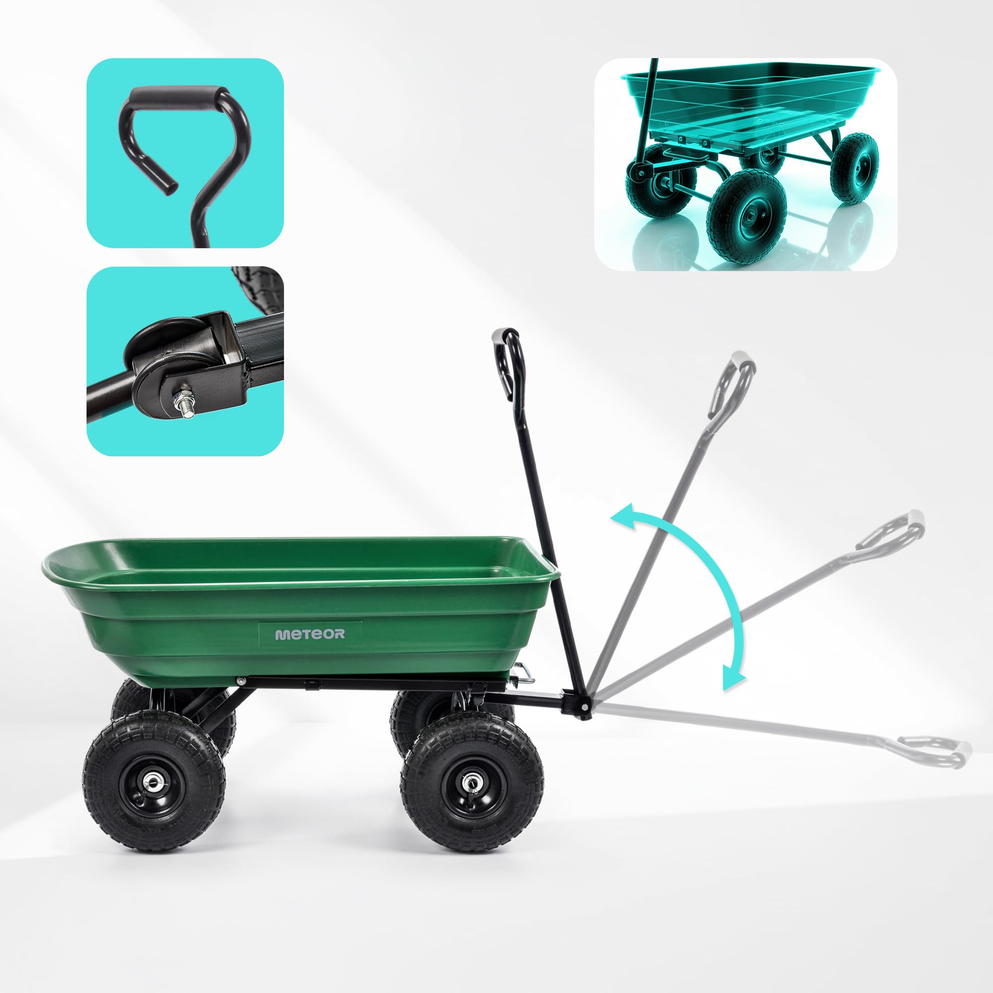 Meteor Gartenwagen 3 in 1 mit Kippfunktion 90 l bis 250 kg belastbar mit Luftreifen und Lenkachse für Erde Laub Holz und Dünger