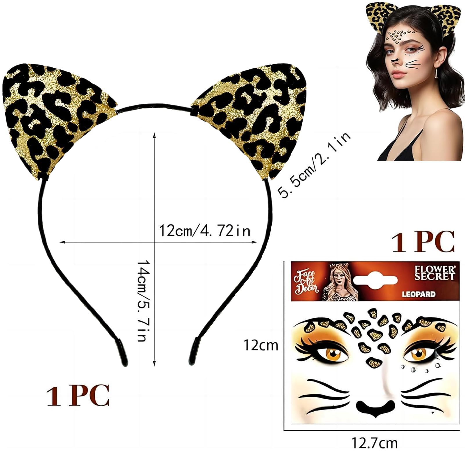 UILYNIU – Diadema De Orejas De Leopardo Con Tatuajes Temporales | 2 Diademas + 2 Láminas De Tatuajes | Accesorio Perfecto Para Disfraces, Halloween Y Fiestas Temáticas