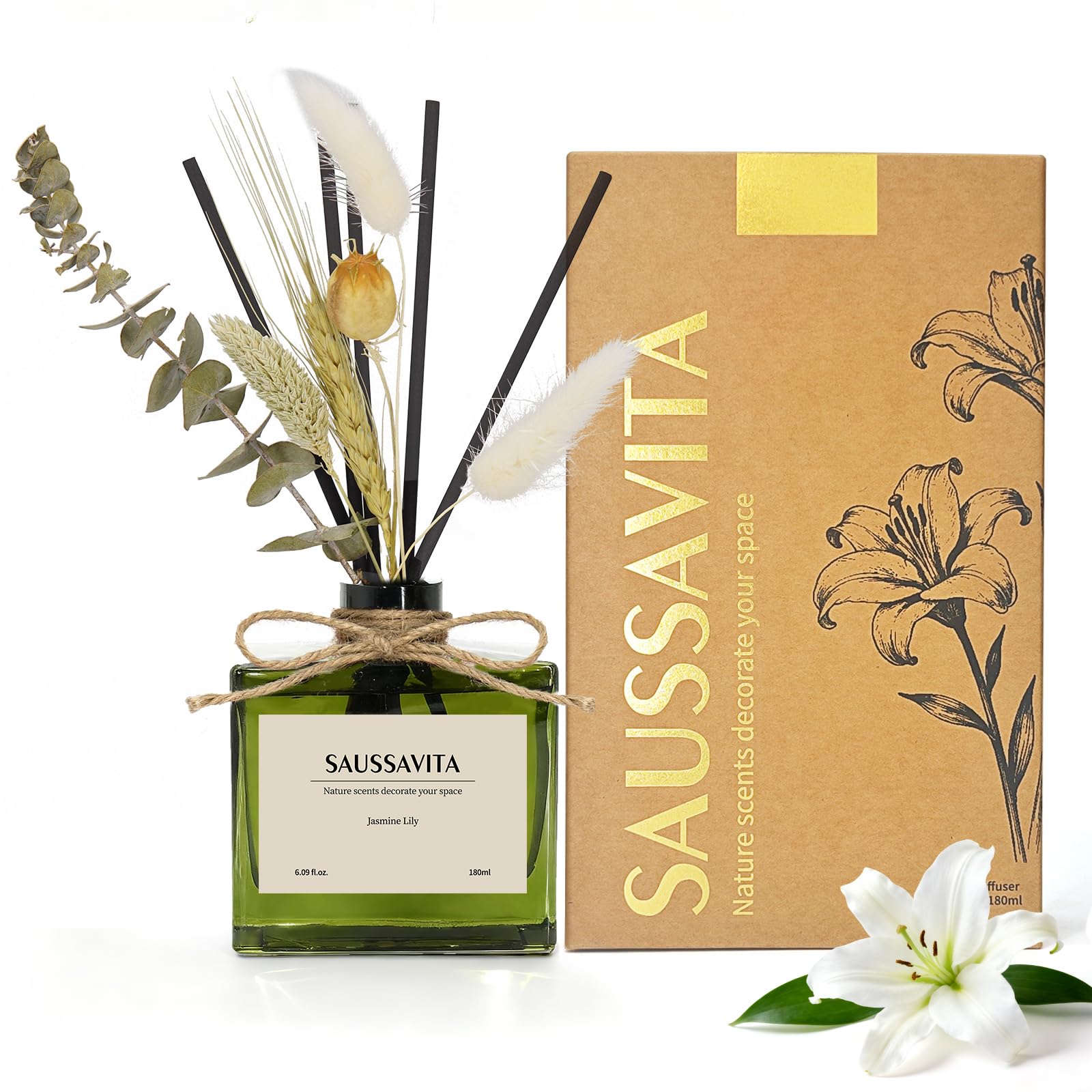 Saussavita Reed Diffuser, 180ml Jasmine Lily Scented Diffuser with Dried Flowers & 7 Sticks, 120 Days Long Lasting Home Fragrance for Bathroom Bedroom Home & Office Decor, Air Freshener