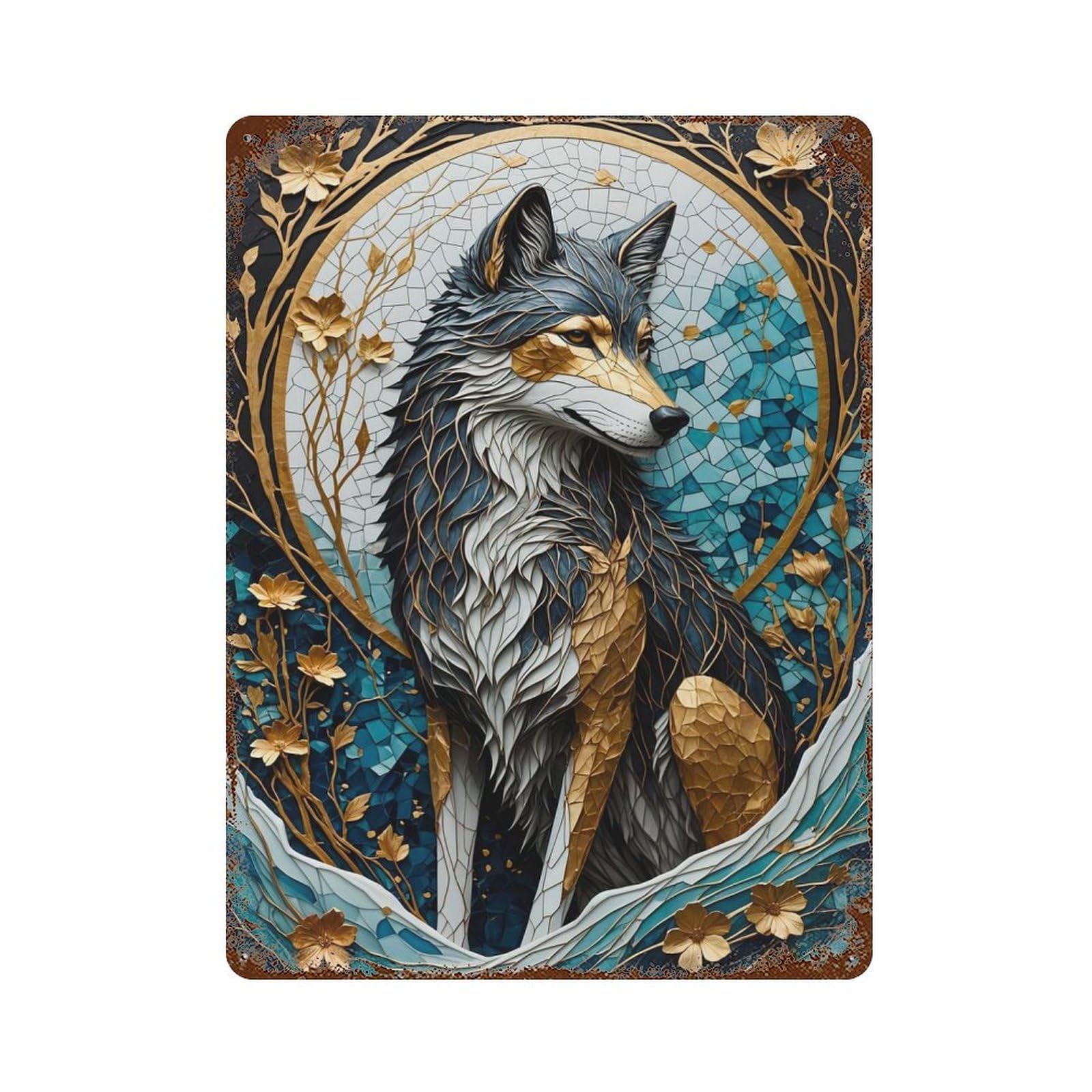Wolf Gold Kintsugi 15.7"x11.8" Rusty Metal Tin Sign, Shabby Chic Decor for Bistro, Counter And Cafe Decor