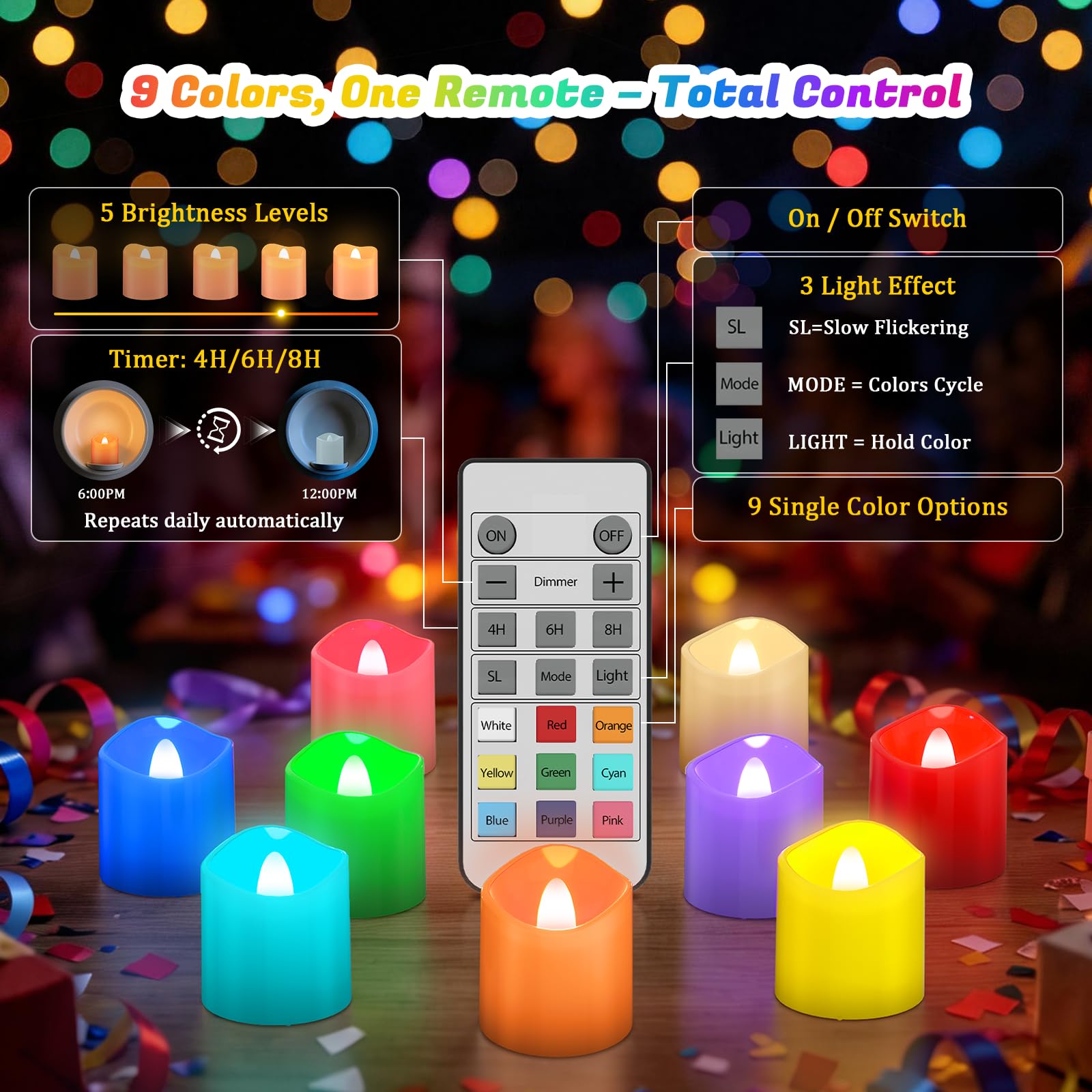 PChero LED Bunte Teelichter Wiederaufladbar mit Ladestation & Fernbedienung | 12er Multicolour Teelichter LED Aufladbar Kerzen Flackernd mit Timer, RGB Farbwechsel, für Halloween Weihnachten Party Deko