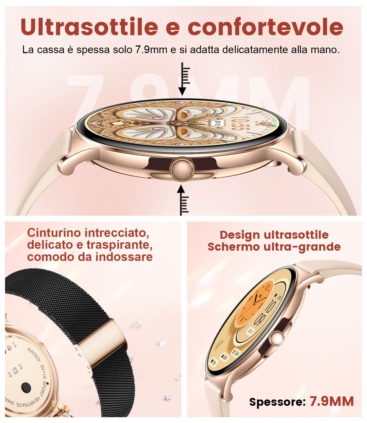 Smartwatch Donna, 1,43" AMOLED Ultra-sottile 7,9 mm Orologio Fitness 2 Cinturini,Chiamata Bluetooth,100+ Modalità Sportive,24H Cardiofrequenzimetro,Monitoraggio Sonno,IP68 Impermeabile,Con Android iOS