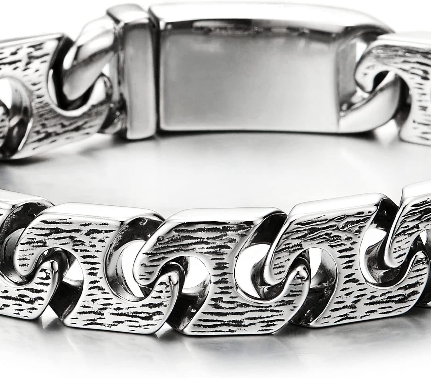 COOLSTEELANDBEYOND Mens Steel Textured Fancy Marine Anchor Link Curb Chain Bracelet, Retro Style, Spring Box Clasp