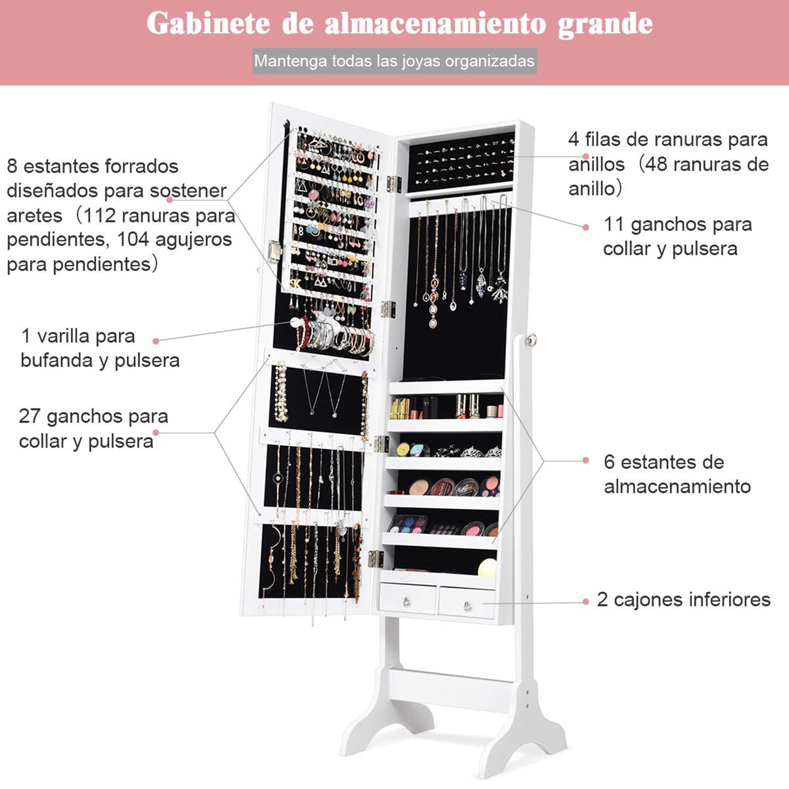 COSTWAY Armario Joyero de Pie con Espejo y Cerradura, Estante para Joyería Almacenamiento