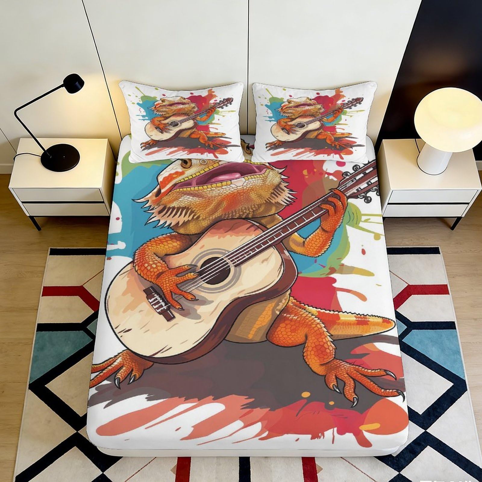 Jqzkxnhpbr Style-7 3D Printed Guitar Playing Lizard Fitted Sheet Microfiber Colorful Art Mattress Cover For Bedroom Dorm Decor 90X200x25cm