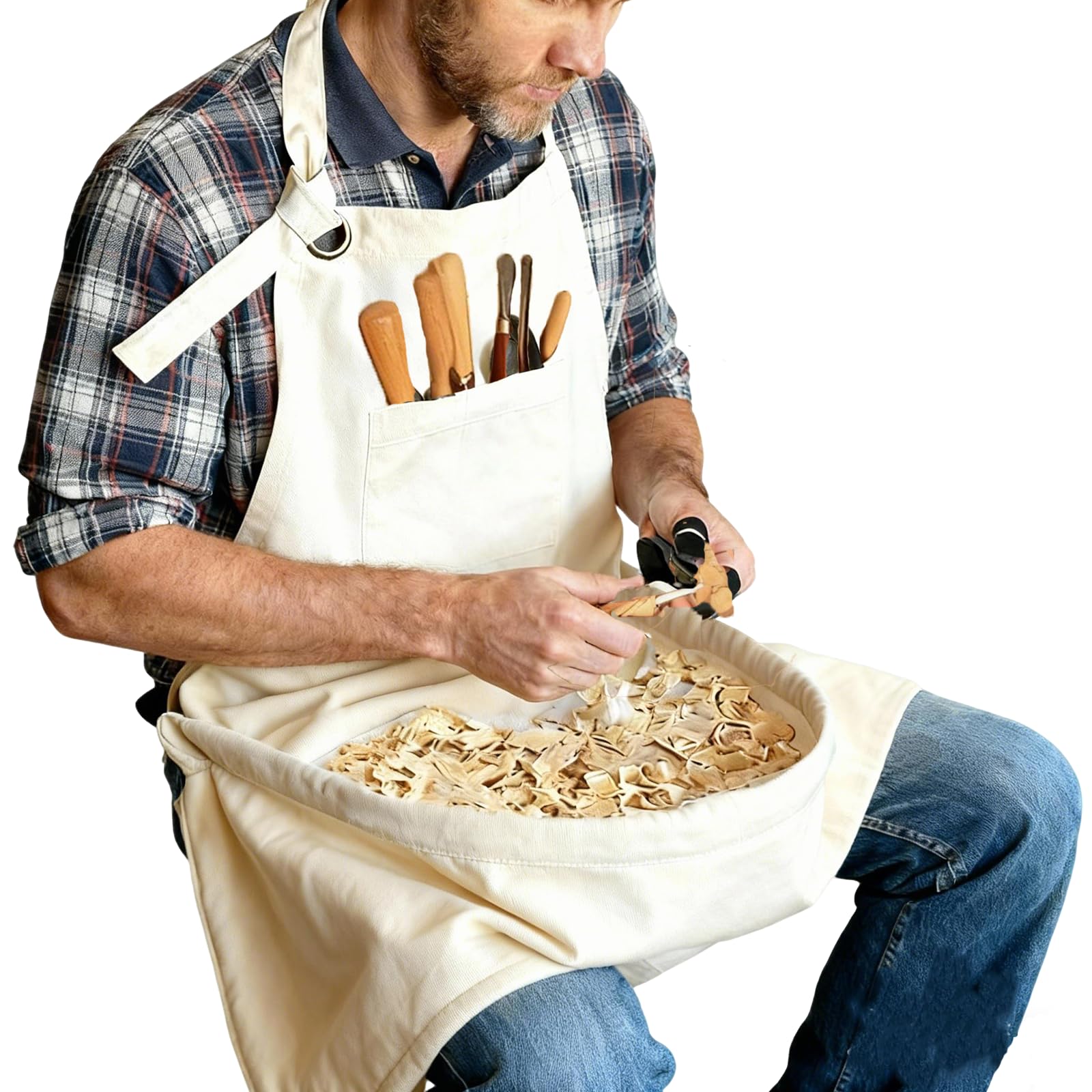 Woodcarving Apron-Work Apron with Brown Leather Chest Patches, Tool Pocket