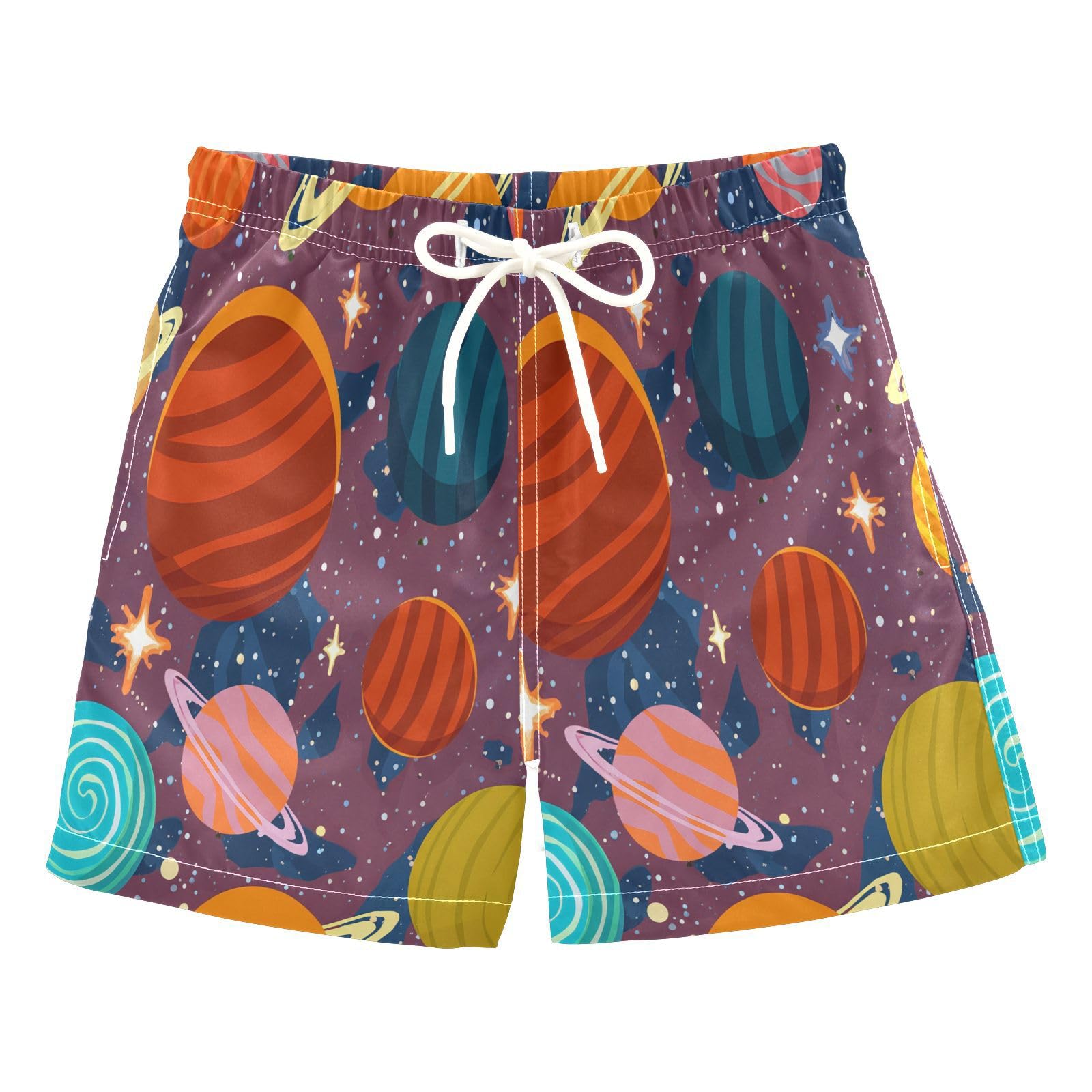 DOMIKING Cartoon Planet Colorful Boys' Pull On Swim Trunks Quick Dry Boardshorts with Mesh Lining for Pool Gym Beach M
