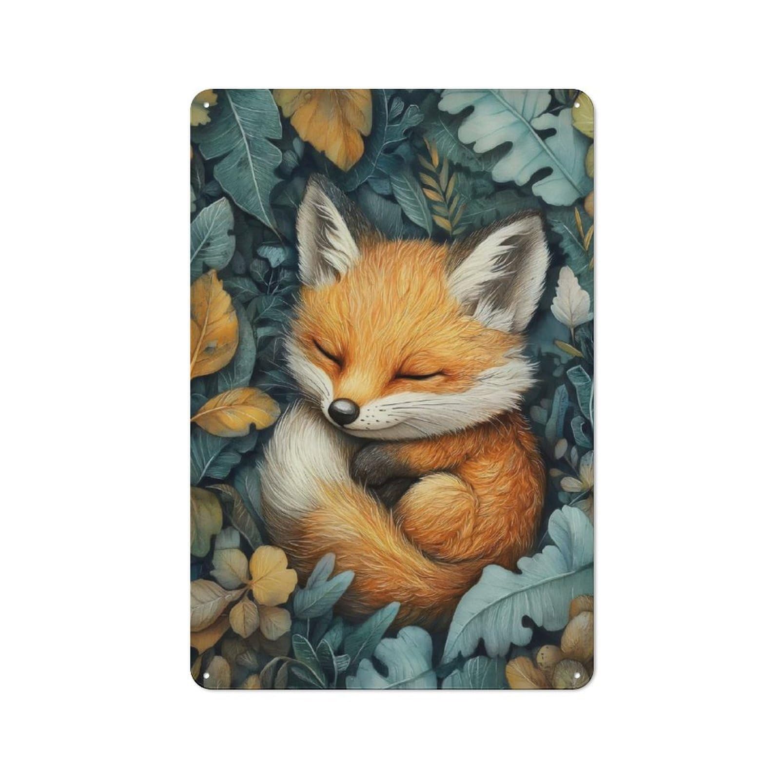 Junmoney Sleeping Baby Fox In Autumn Leaves Cottage Style Metal Wall Decor 30X20cm, Farmhouse Metal Sign For Farmhouse Kitchen, Pantry Or Dining Area