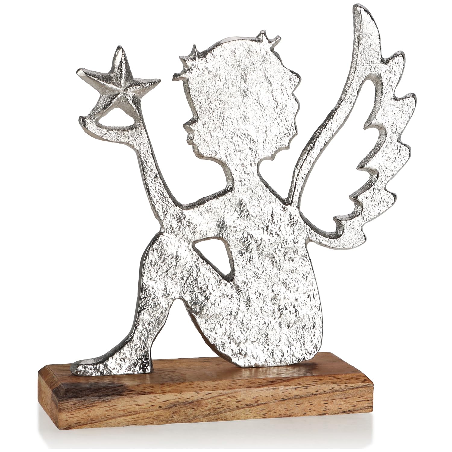 com-four® angel figure, elegant decorative sculpture made of metal and mango wood, angel with star on wooden base, Christmas decoration standee