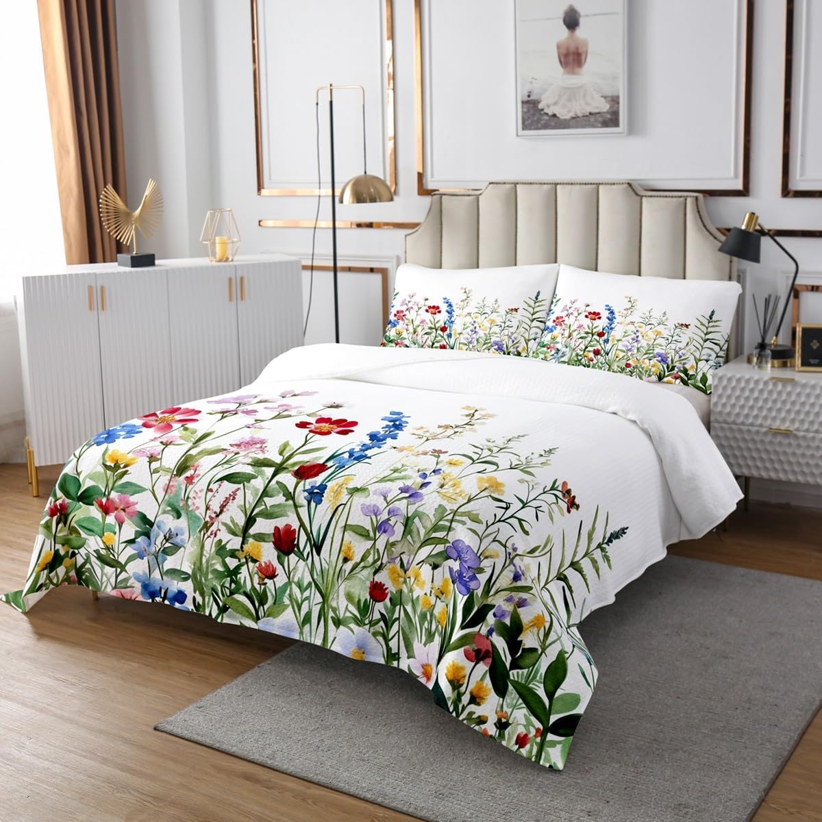 jejeloiu Floral Bedspread Queen Size Flower Coverlet Set Wildflower Botanical Quilted Coverlet for All Season with 2 Pillowcases Blossom Microfiber Lightweight