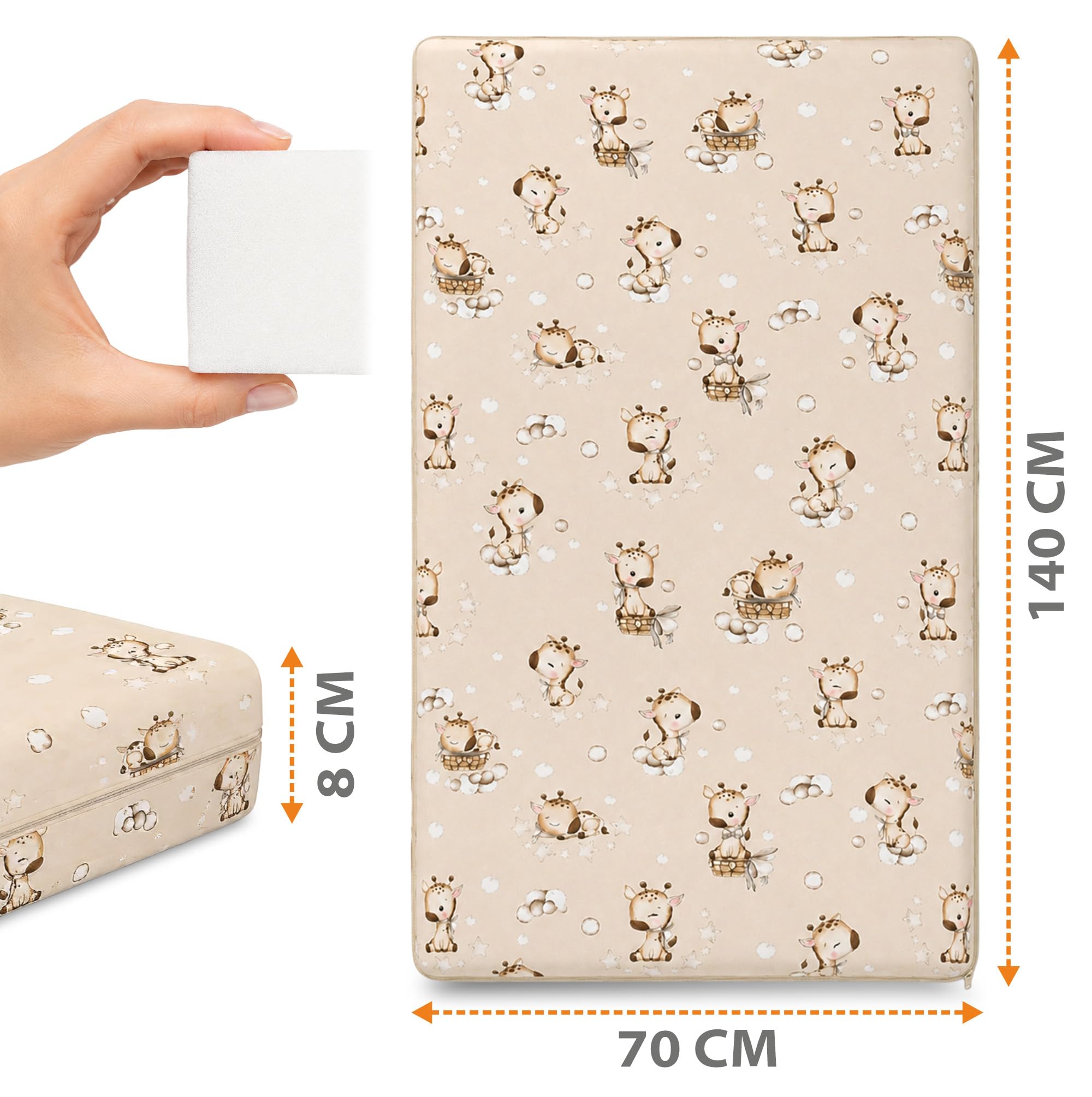 materac dziecięcy do łóżeczka bawełna żyrafy na beżowym tle 70x140x8 t-1830