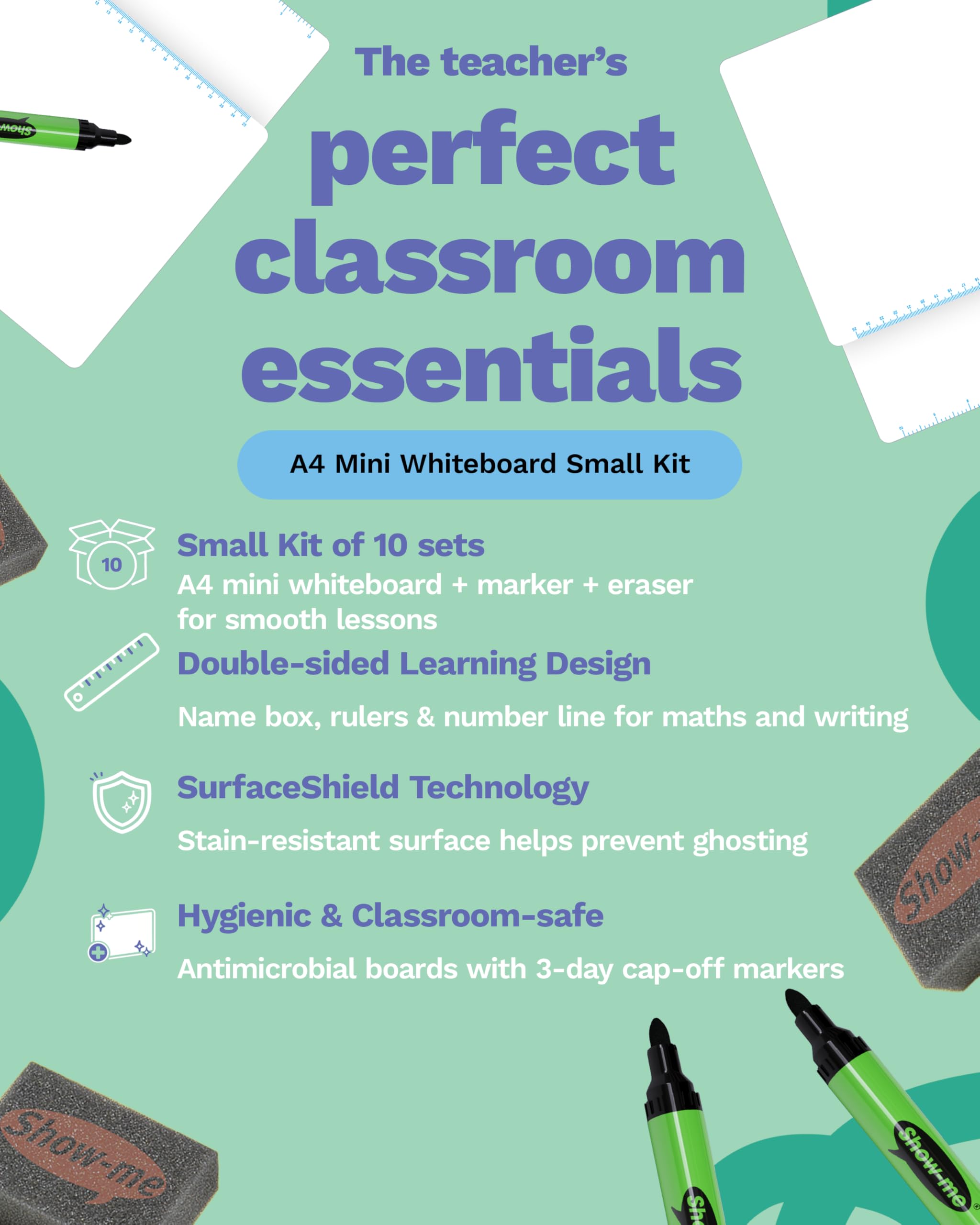 Show-me Mini tablica suchościeralna A4, 10 małych przenośnych tablic suchościeralnych z markerami i gumkami, dwustronna technologia SurfaceShield z 2-letnią powierzchni