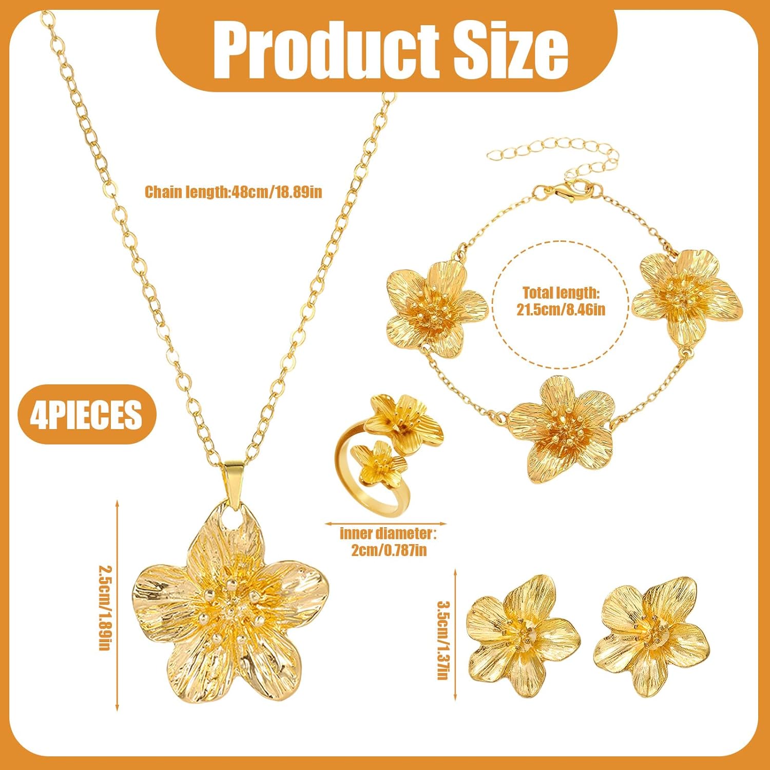 Gold Flower Jewelry Set for Women, Hibiscus Necklace and Earrings with Matching Bracelet, Boho Floral Design Jewelry Collection, Floral Jewelry Gifts for Her - Image 2