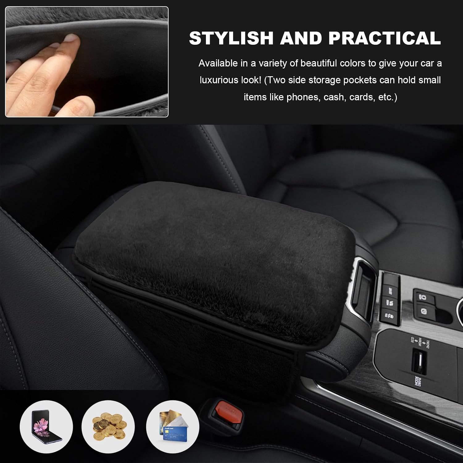 Car Center Console Cover, Soft Furry Auto Armrest Cushion Protector with 2 Storage Bags, Non-Shedding Plush Middle Console Pad for Most Vehicles, Car Interior Accessories (Black)